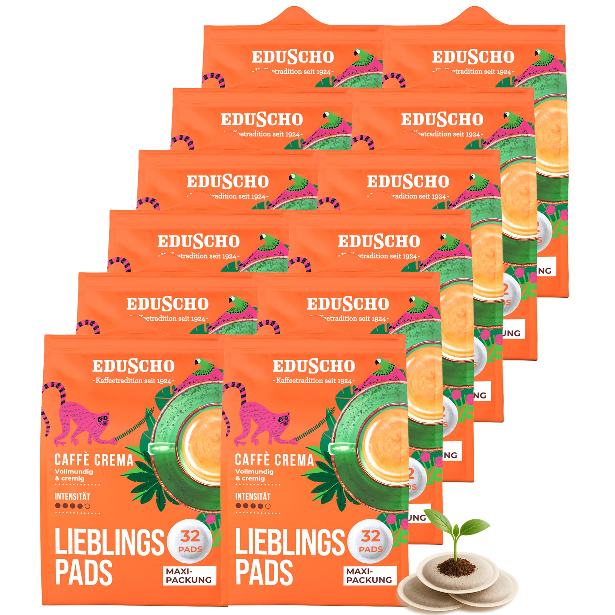Eduscho Kaffeepads Vorratspack Maxi Packung, Lieblingspads Caffè Crema, 384 Pads – 12x 32 Pads, vollmundig und cremig, für alle Pad Maschinen, industriell kompostierbar