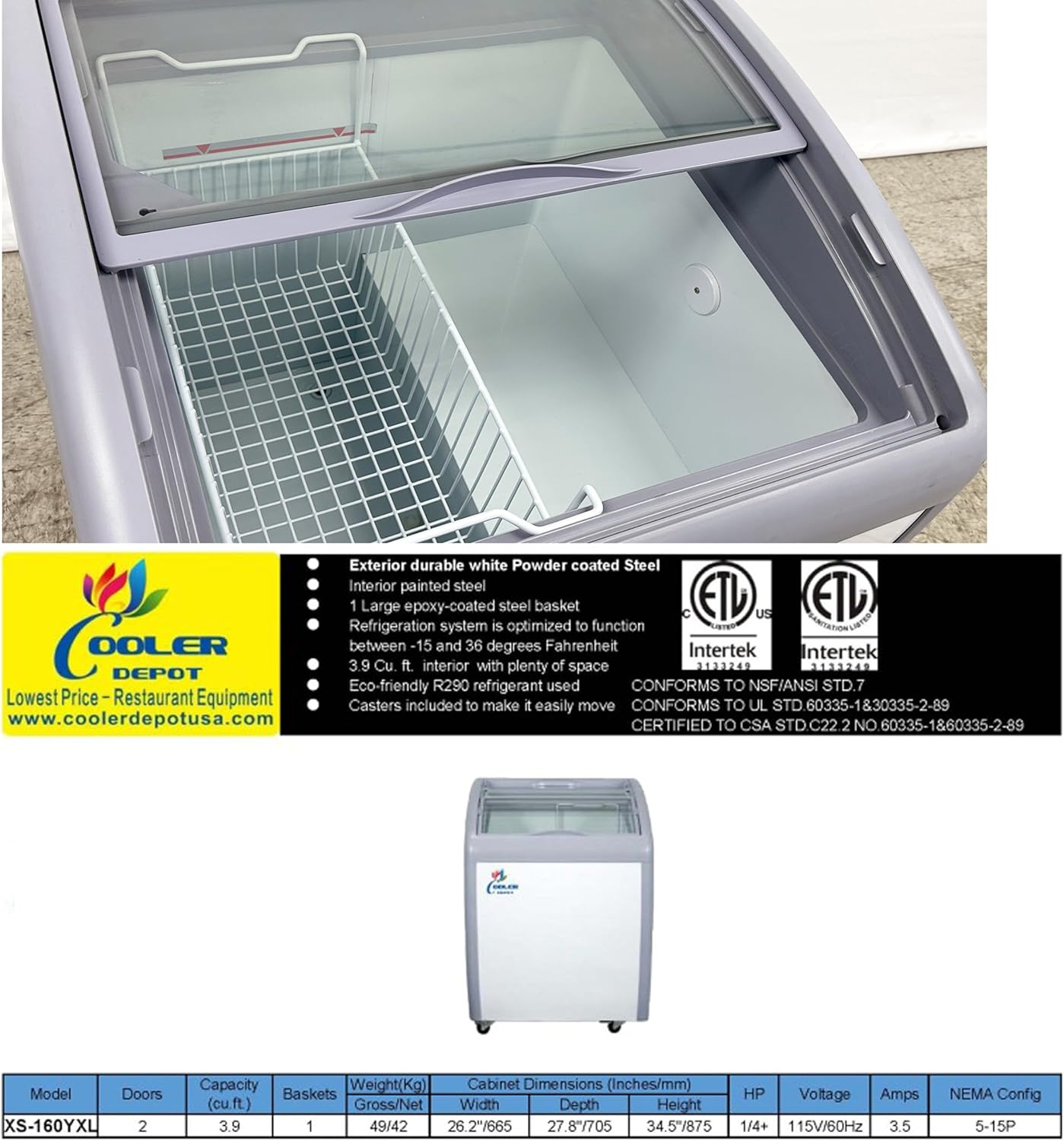 Chest Freezer Glass Door sliding Commercial Ice Cream Freezer 26" White Curve Display Top w/Storage Baskets - 5.7 Cu.Ft