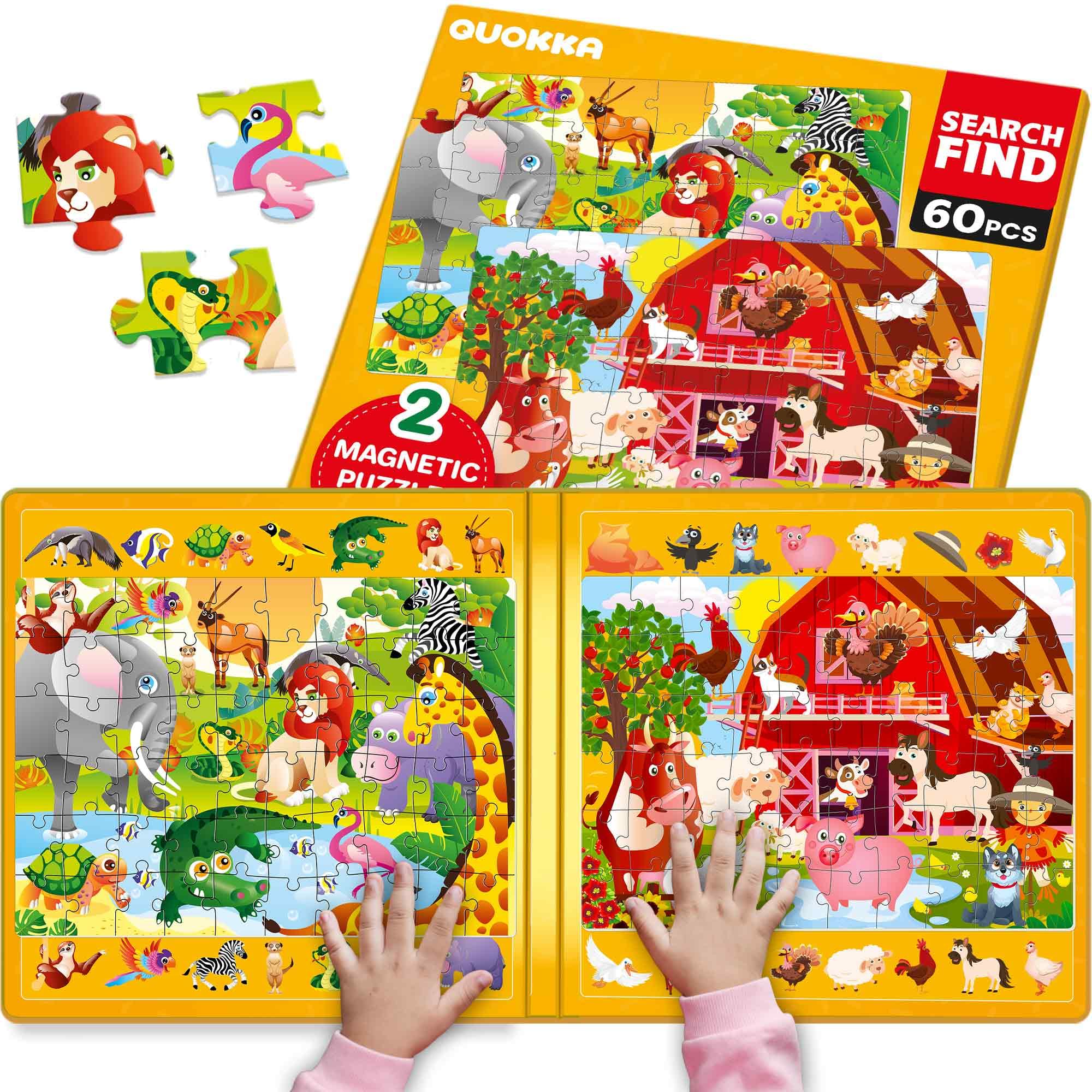 QUOKKA Magnetic Puzzles For 3 4 5 Year Olds - Search & Find 2 Pack 60 Pieces Each - Travel Toy Activities For Kids With Hidden Objects, Farm and Africa Scenes - Educational Jigsaws For 6 7 Year Olds
