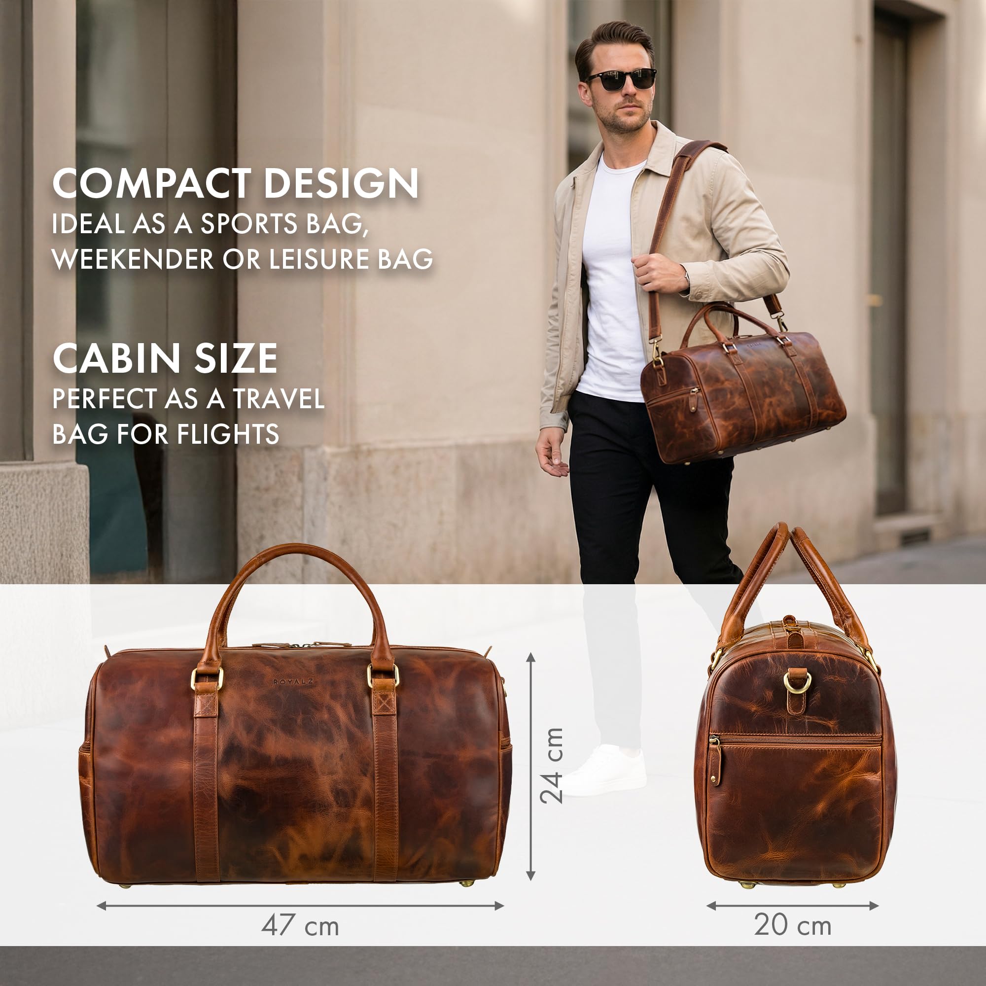 ROYALZ Palermo Premium Weekender męska, skórzana mała, do zawieszenia – mała torba podróżna, bagaż podręczny, rozmiar na krótkie wycieczki, do pracy, w podróży i z prawdziwej skóry, kolor: czarny