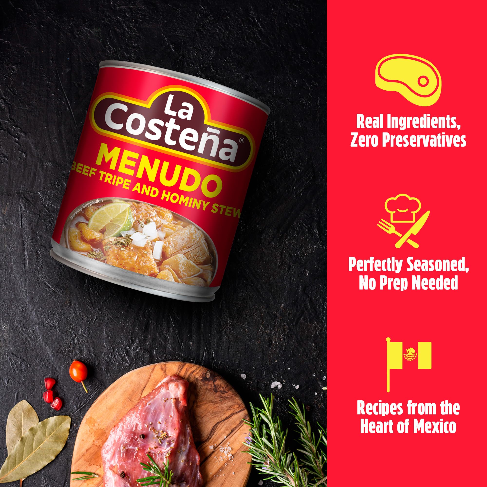 La Costeña Menudo Mix - Classic Mexican Food with Beef Stock, Hominy Corn & Mexican Seasoning - Canned Beef Tripe for Chunky Soup - Pantry Staples - Ready to Eat Shelf Stable Food - 25 oz, 12 Pack