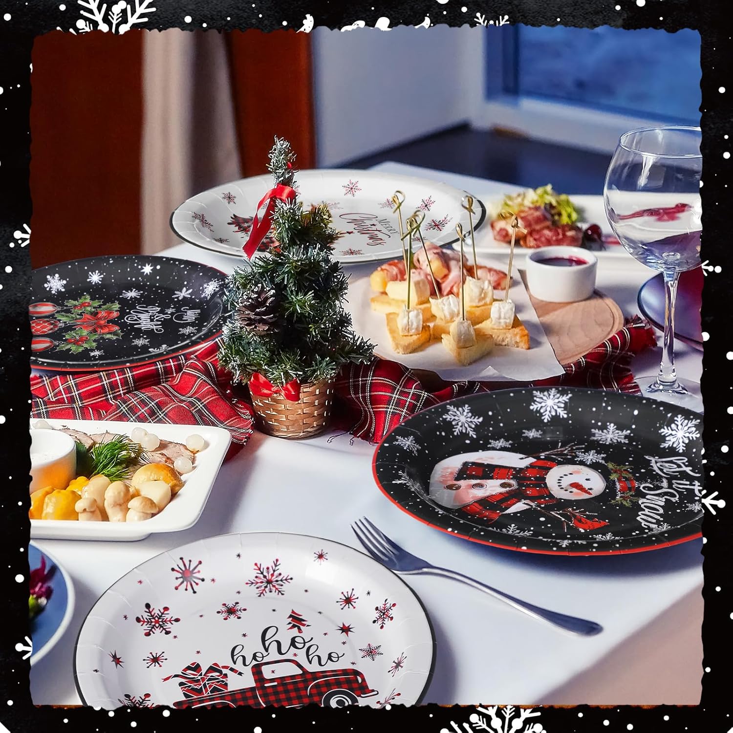 100 Pcs Christmas Paper Plates Disposable 9 Inch Black and White Snowman Snowflake Dinner Round Plates for Xmas Holiday Birthday Party Table Decor