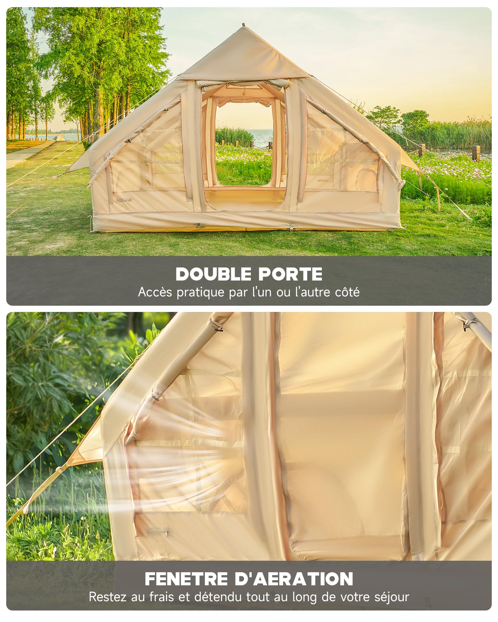 DARTMOOR Tente Gonflable 4-6 Personnes Tente de Camping Randonnéed Double Porte 4 Saisons Tissu Oxford Résistant au Vent Imperméable Extérieur Facile à Installer avec Pompe à Air et Sac de Transport