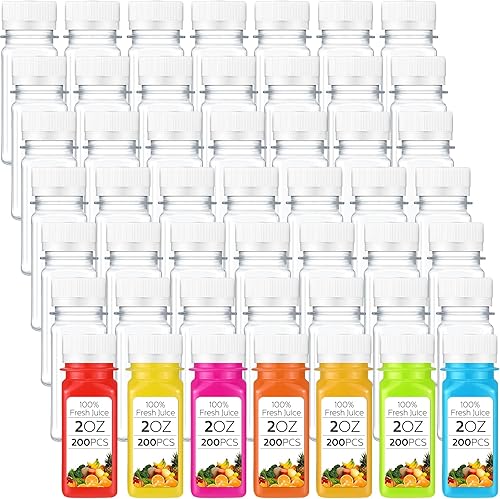 Sliner 200 botellas pequeñas de plástico de 2 onzas para jugo, botella de jugo de jengibre con tapas, recipiente reutilizable transparente para
