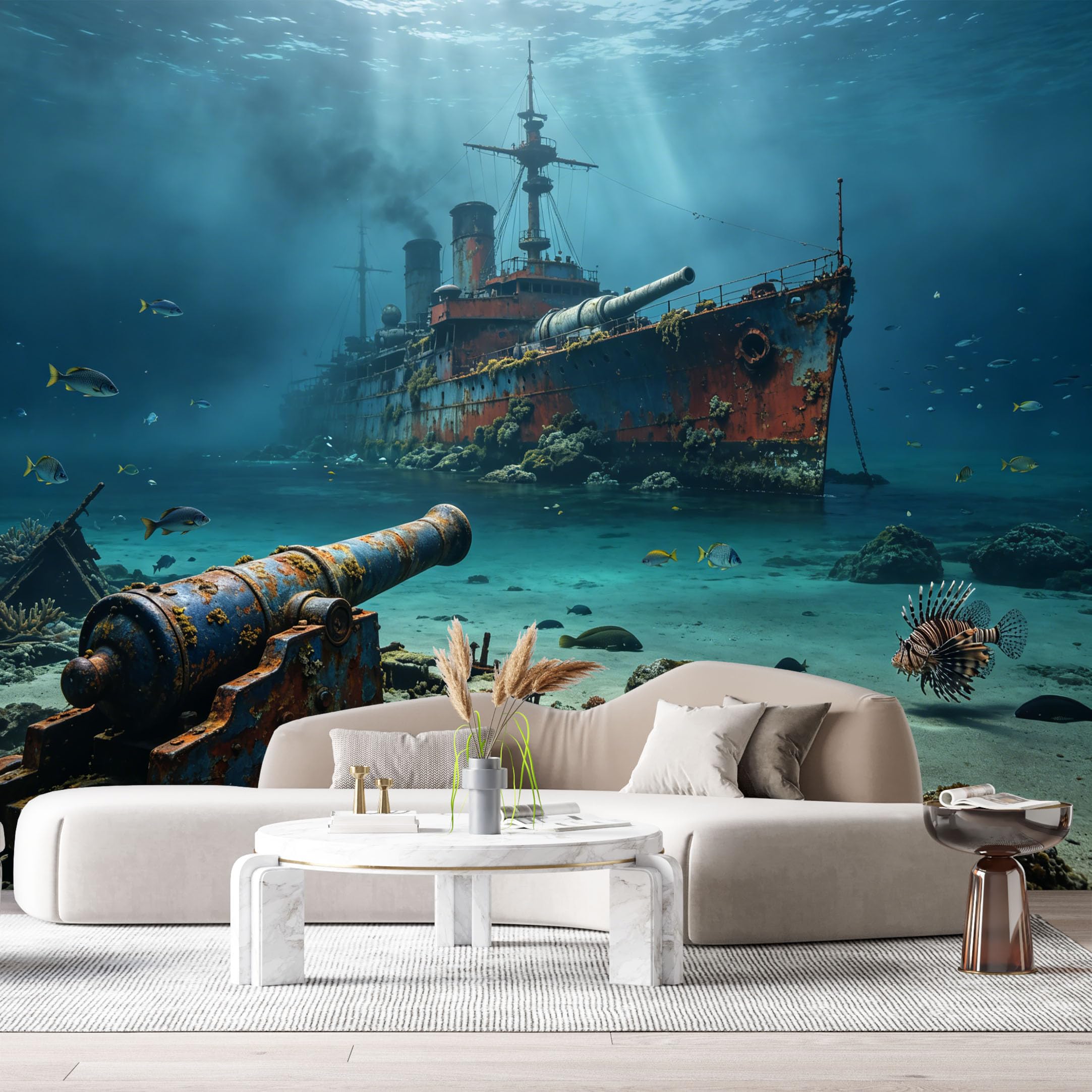 Custom Size Wall Murals Underwater Shipwreck Ocean Marine 3D Trompe L'Oeil Cannon Fish SelfAdhesiveWall Fabric Removable Wallpaper Wall Decor for Living Room Bedroom Bathroom