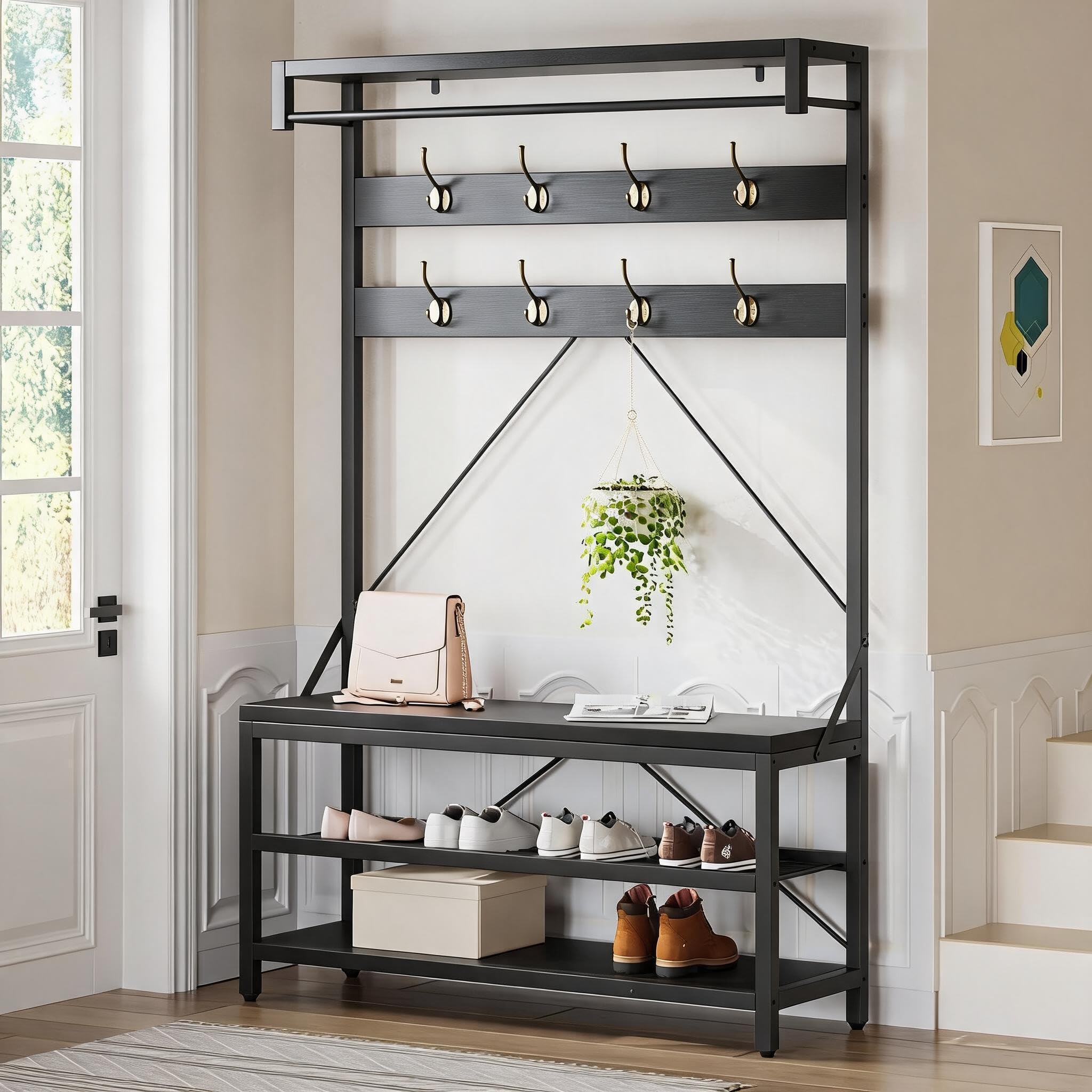 GarveeMore Hallway Coat Rack, 183cm Coat Stand, Industrial Freestanding Hall Tree with 8 Hooks & Bench & Shoe Storage, Metal Frame Clothes Rack for Hallway Living Room Bedroom, 40 x 101.5 x 183cm