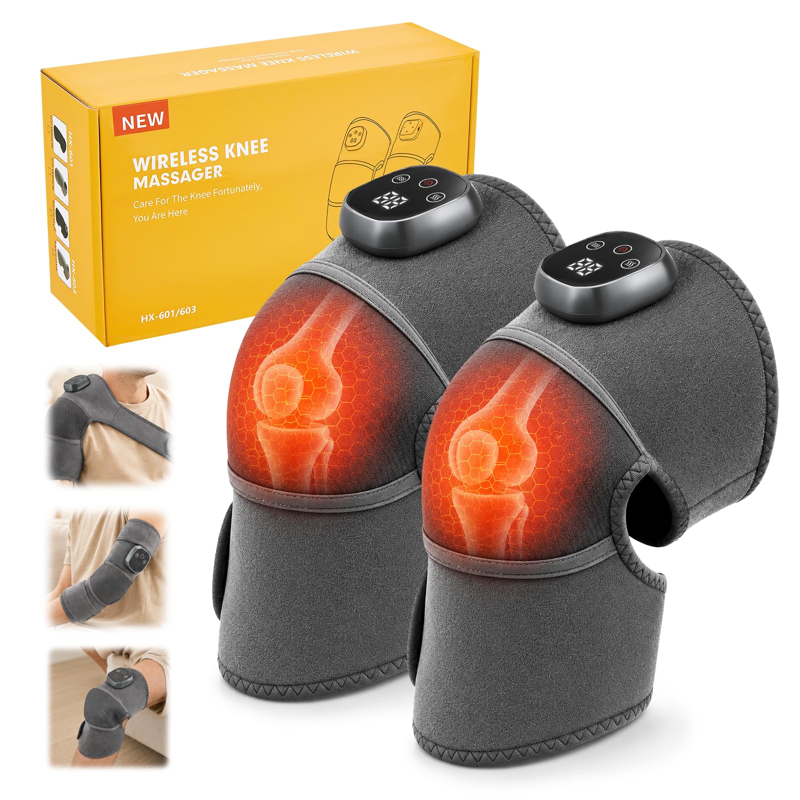 Rodillera Térmica Inalámbrica, Envoltura de Rodillera Calefactada con Control de Pantalla Táctil, 4 Niveles Calor, 3 Modos de Masaje, Almohadilla para Hombro Codo, para Ginocchio Spalla Gomito