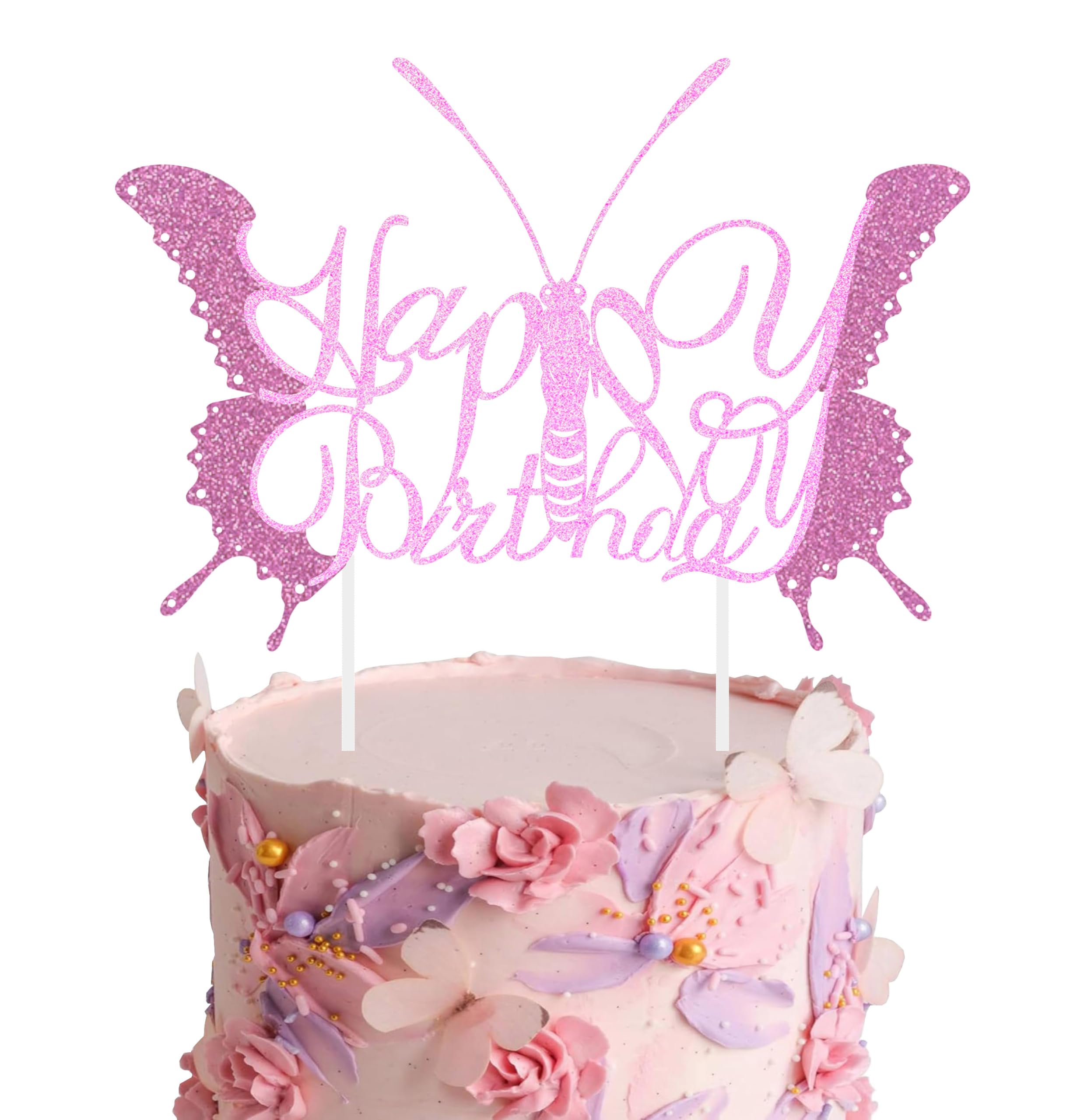 Photo 1 of 1 PCS Happy Birthday Butterfly Decorative Non-Edible Pink Light Purple Cake Topper,Cake Decorations Sturdy Glitter Paper Butterflies Party Favorite Supplies.