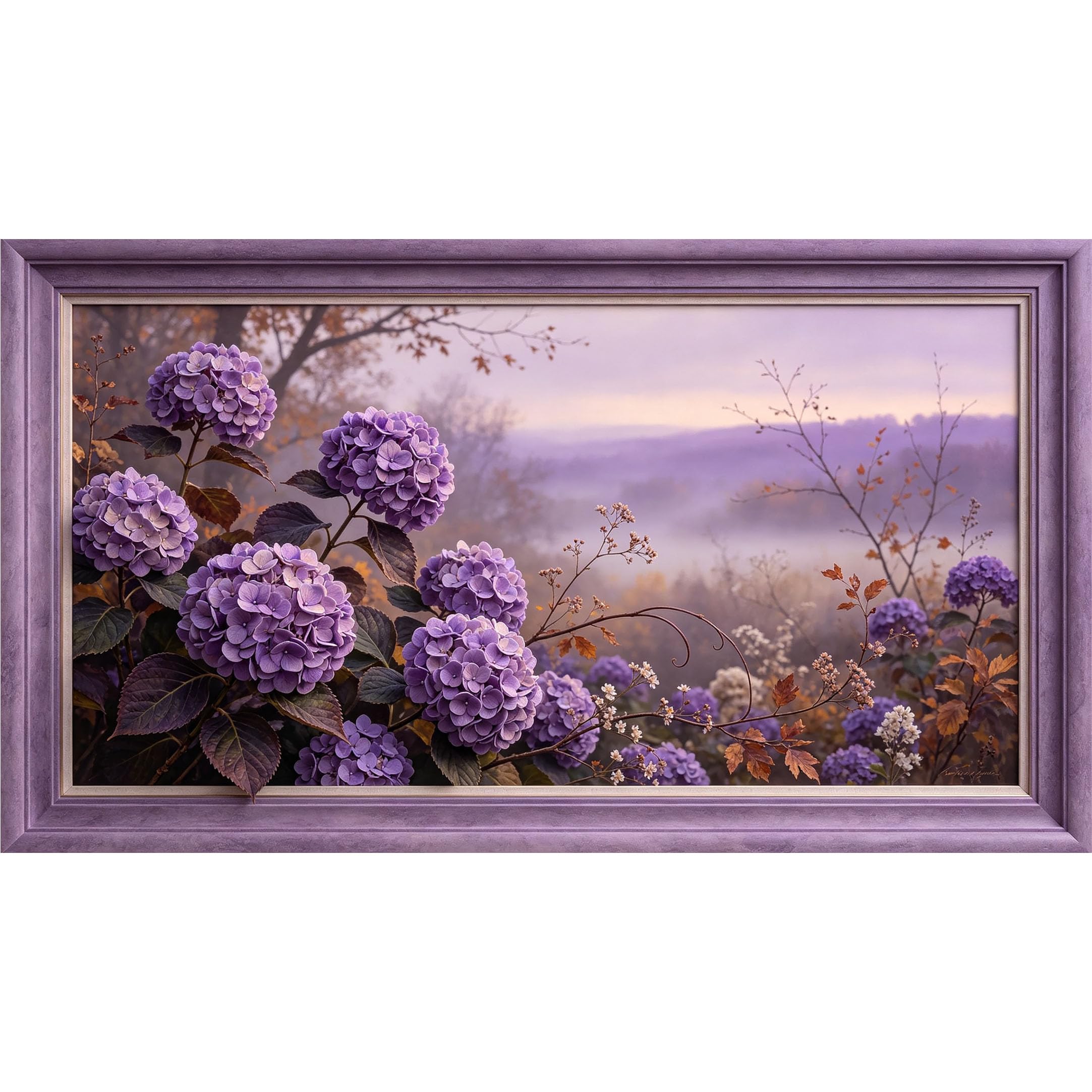 QZLITHOTIC 50×100cm 3D Framed Wall Art， Purple Hydrangea Botanical Landscape Self?Adhesive Mural， Water?Activated Peel & Stick Fabric Decor Wall Decal for Bedroom Living Room