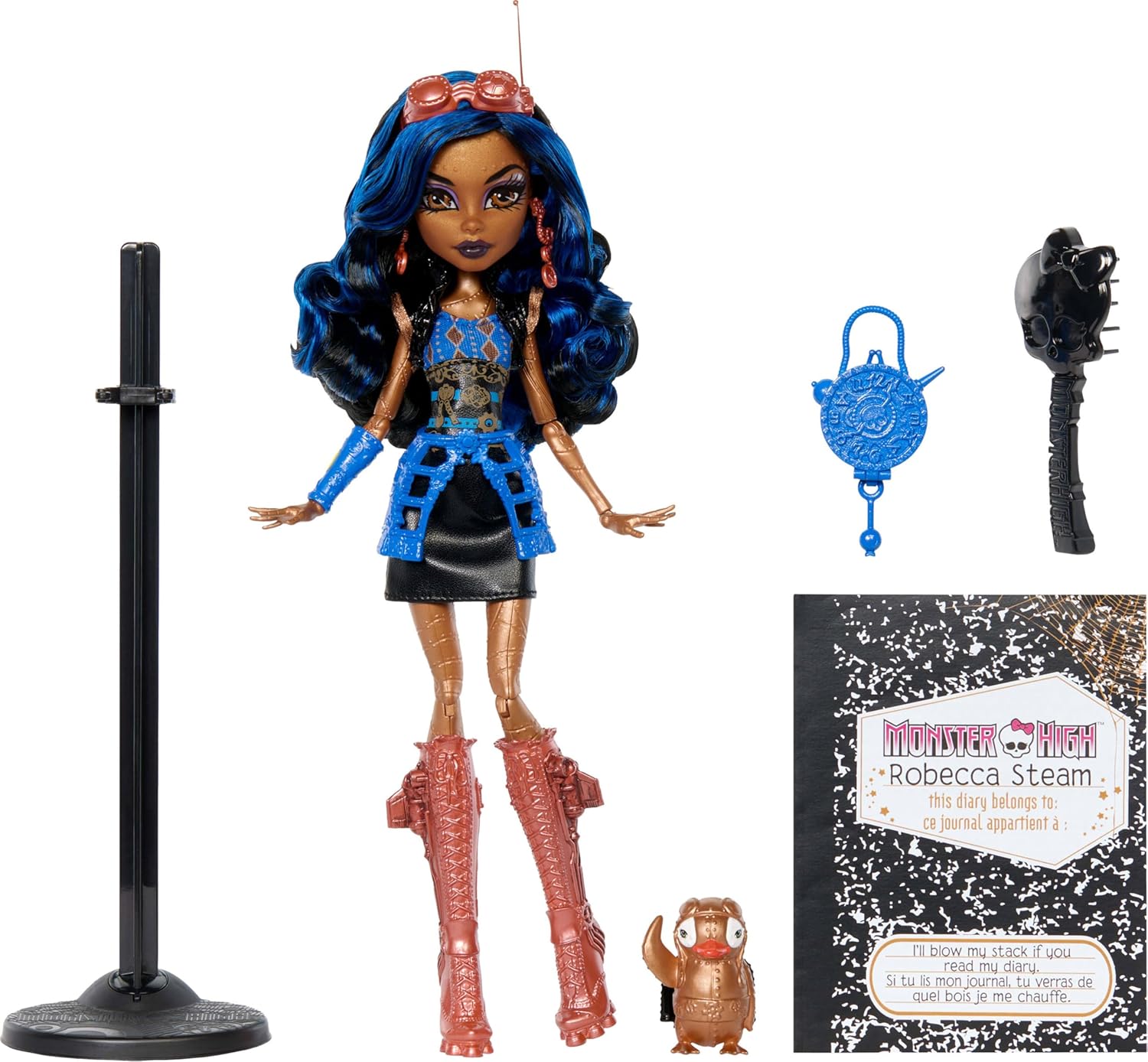 Monster High Boo-riginal Creeproduction Doll, Robecca Steam Collectible Reproduction with Doll Stand, Diary, and Pet Penguin Captain Penny