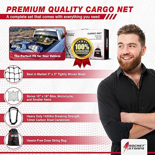 Miniatura 4 de Rocket Straps Red de carga para cama de camioneta 4 x 6 pies se estira a 8 x 12 pies malla elástica de látex de 3 x 3 pulgadas con 12 mosquetones de