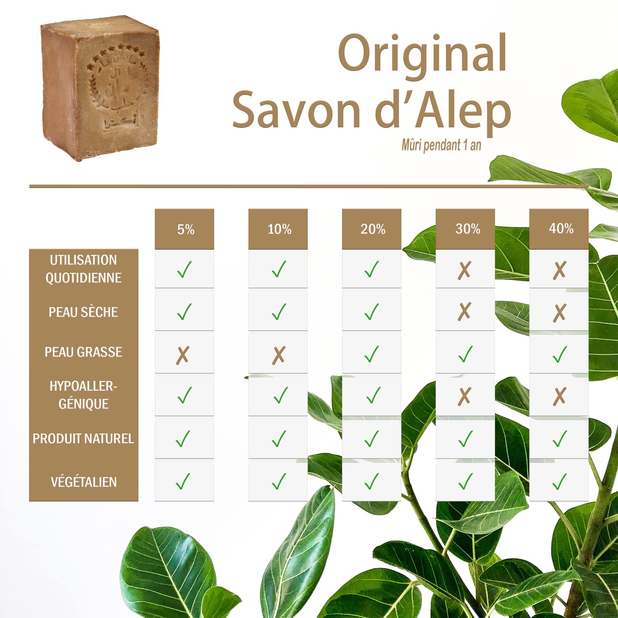 TUMELO Savon d'Alep Original 4 x 200g (800g) 95% d'huile d'olive 5% d'huile de baies de laurier + Sac de Salvon - Savon naturel - Savon solide pour les cheveux/Savon de douche