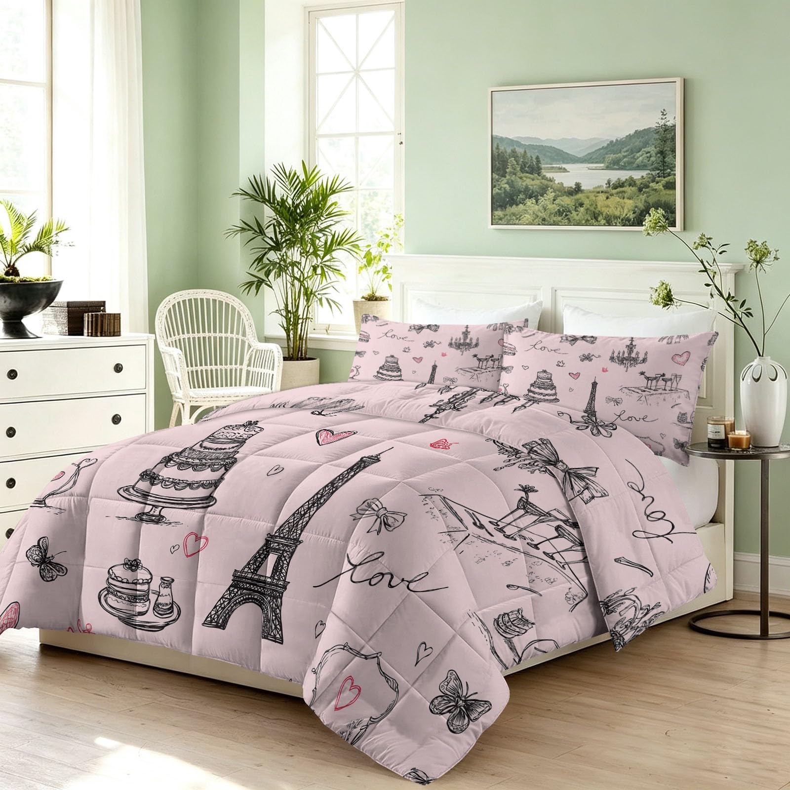 Wieża Eiffla kołdra w kształcie serca, bez poszewki, pojedyncza, 7,5 Tog, całoroczna, marzycielska, elegancka, romantyczna, miękka, ciepła, 3-częściowa, nadaje się do prania, nie wymaga prasowania