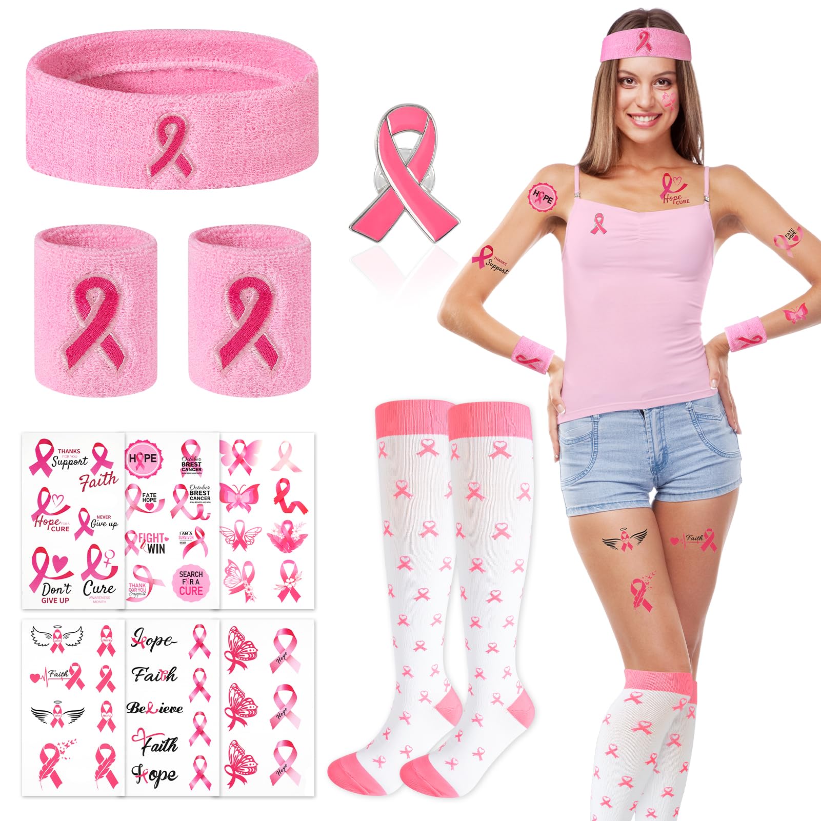 HOWAF Breast Cancer Awareness Costume Accessories, Pink Ribbon Breast Cancer Pink Headband Sweatbands Pink Wristbands Pink Socks Breast Cancer Pin Badge Pink Stickers Tattoos Cancer Gifts for Woman