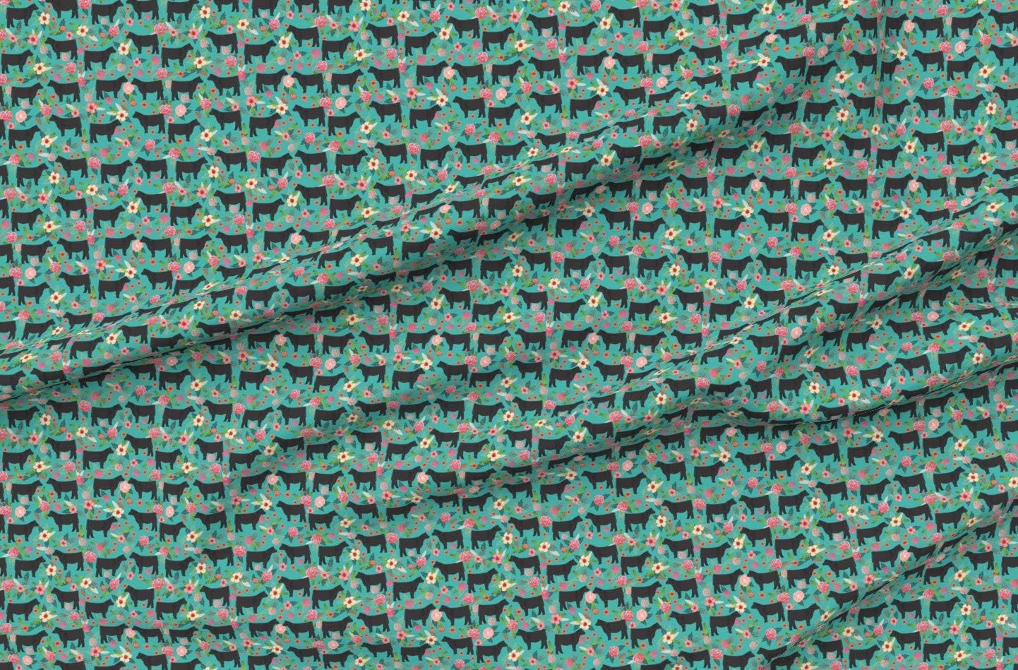 Spoonflower Fabric - Show Steer, Floral, Cows, Farm Animal, Barn, Turquoise, Cow, Florals, Printed on Organic Cotton Sateen Fabric by The Yard - Sewing Quilting Apparel Home Decor