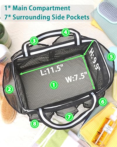 Miniatura 5 de fiezkaa Cesta de ducha de malla XL portátil, bolsa de ducha de secado rápido, artículos esenciales de habitación para estudiantes universitarios,