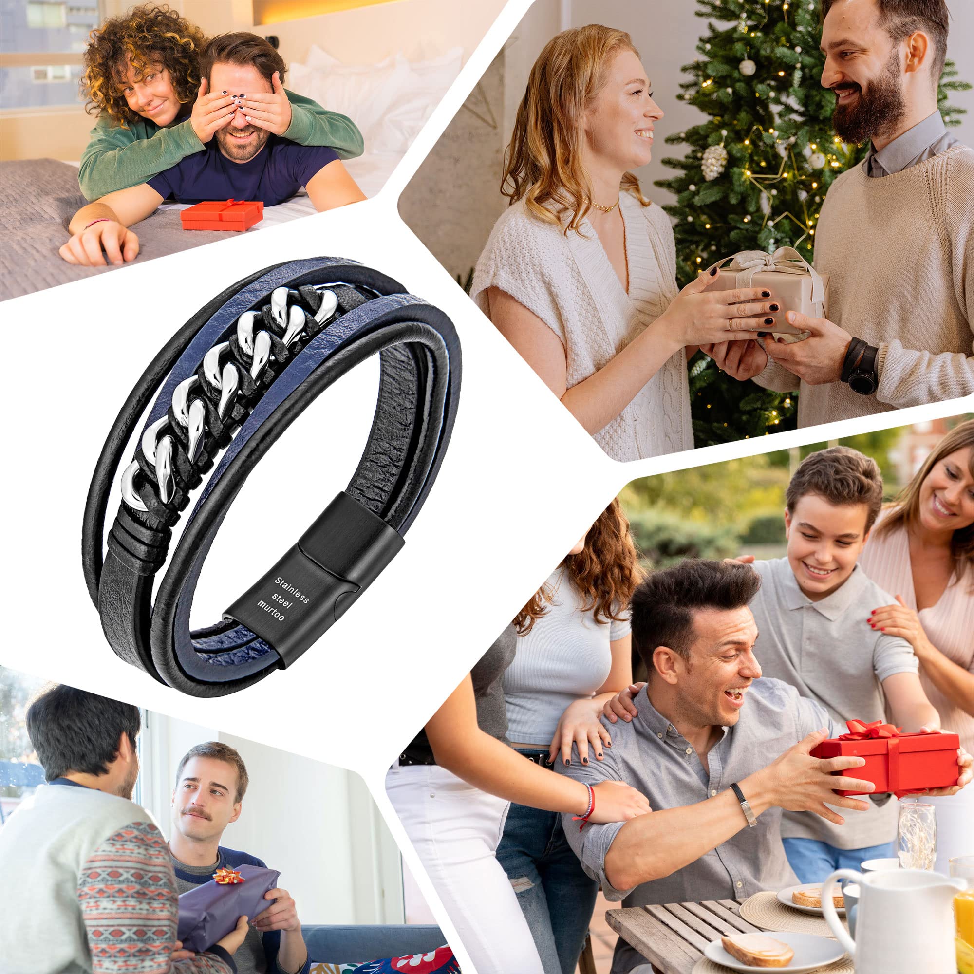 murtoo Bracelet homme, bracelet en cuir pour homme en noir et en marron, fermoir magnétique en acier inoxydable, excellente idée cadeau pour homme