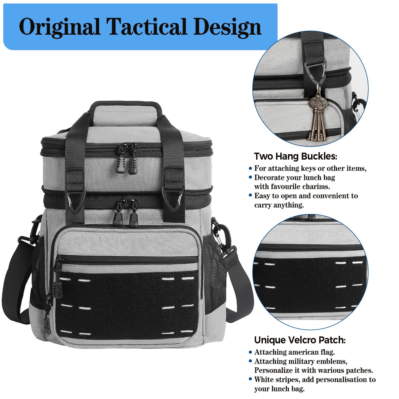 Borsa termica per il pranzo, borsa termica tattica per uomo, grande secchiello per il pranzo per adulti, lavoro all'aperto, turni viaggi, grigio, 16 l