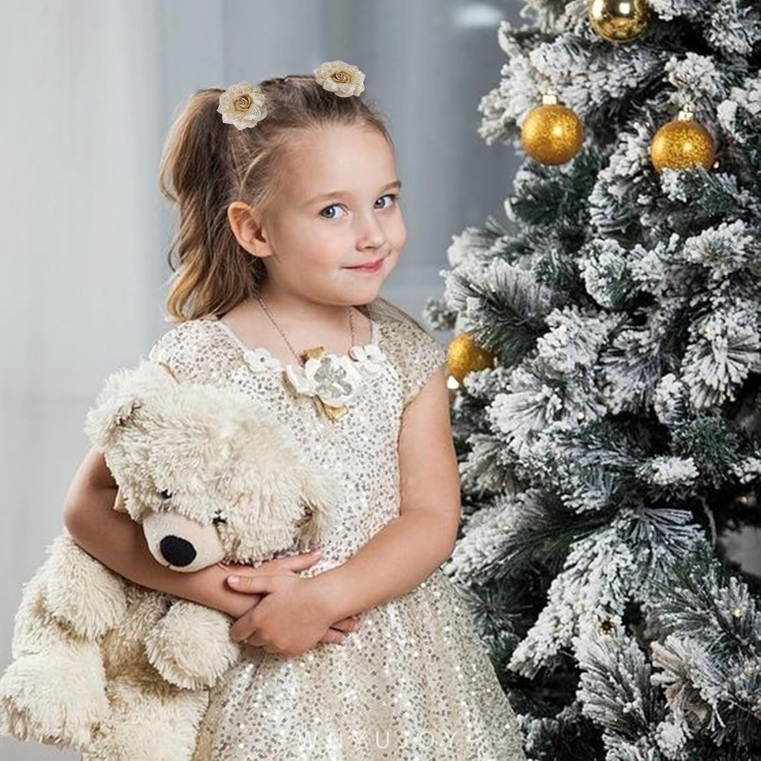 Baby Girls Floral Hair Bows Clips, 4Pcs Glitter Gold Flower Hair Barrettes Alligator Clips, Hair Accessories for Toddlers Kids Teens - Image 3