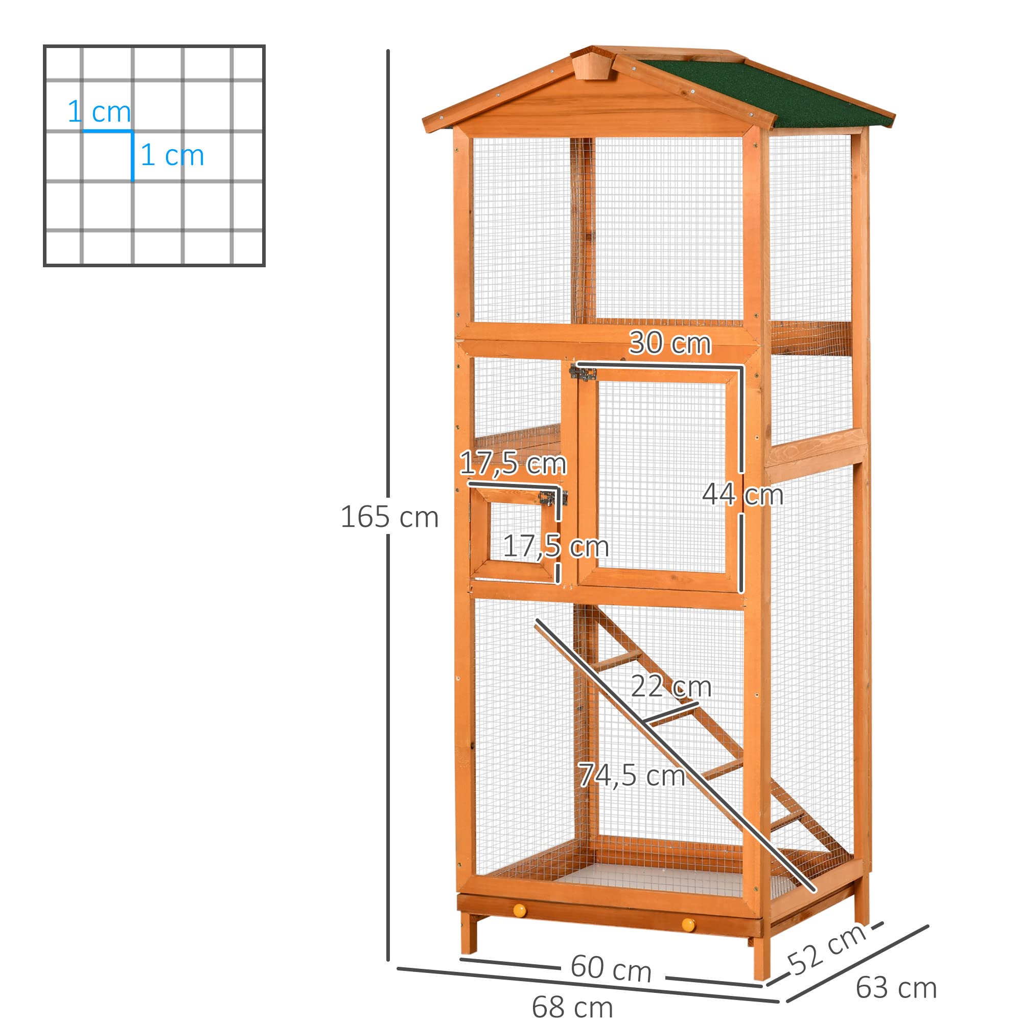 PawHut Jaula para Pájaros Grande 68x63x165 cm Madera | Pajarera de Madera de Abeto, 2 Puertas, Bandeja Extraíble, Techo Asfáltico