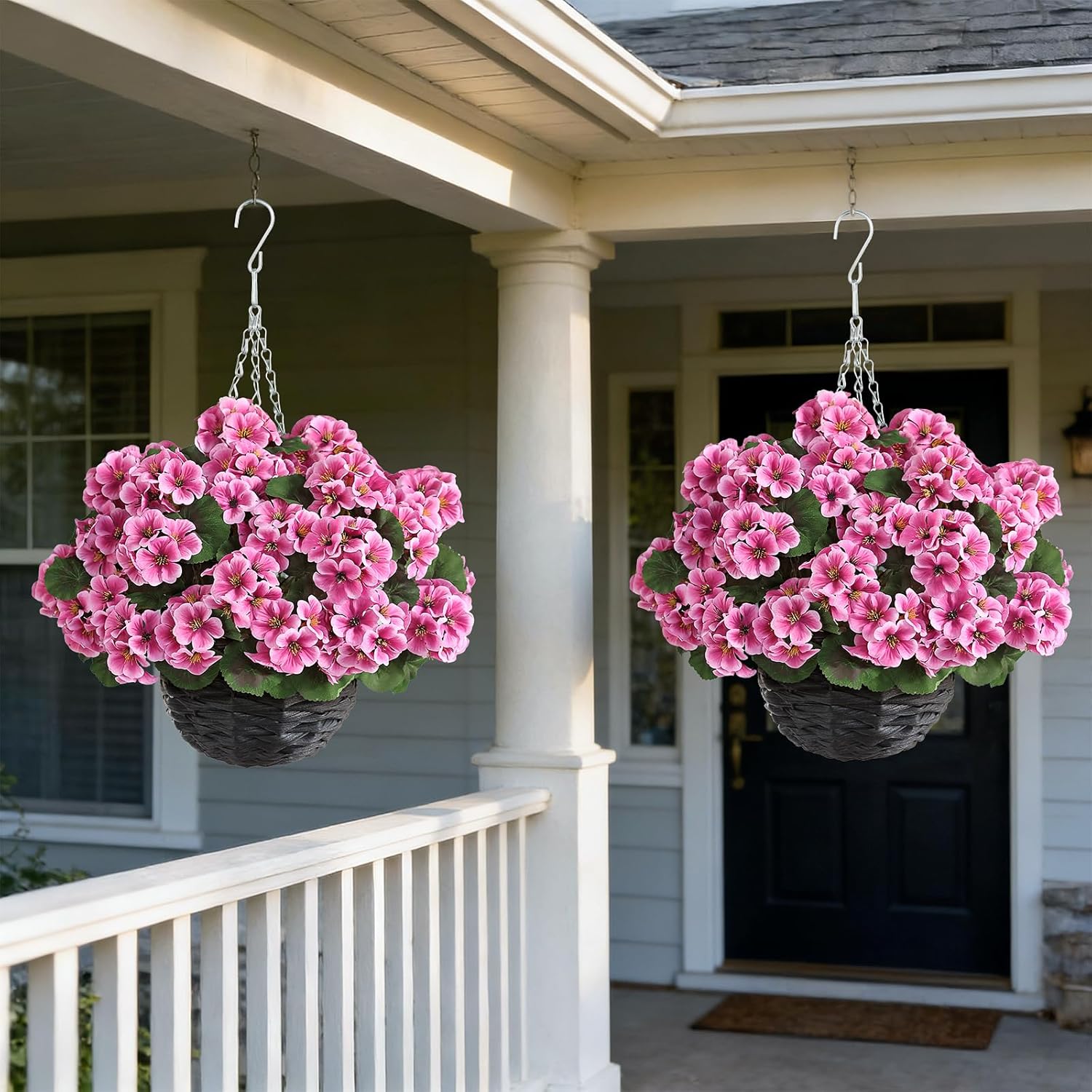 2 Set Artificial Geraniums Flowers with Hanging Baskets for Outdoors - Sun Resistant Silk with Geranium Flowers, Fake Hanging Planters for Front Porch Garden Patio Home Decor (Pink)