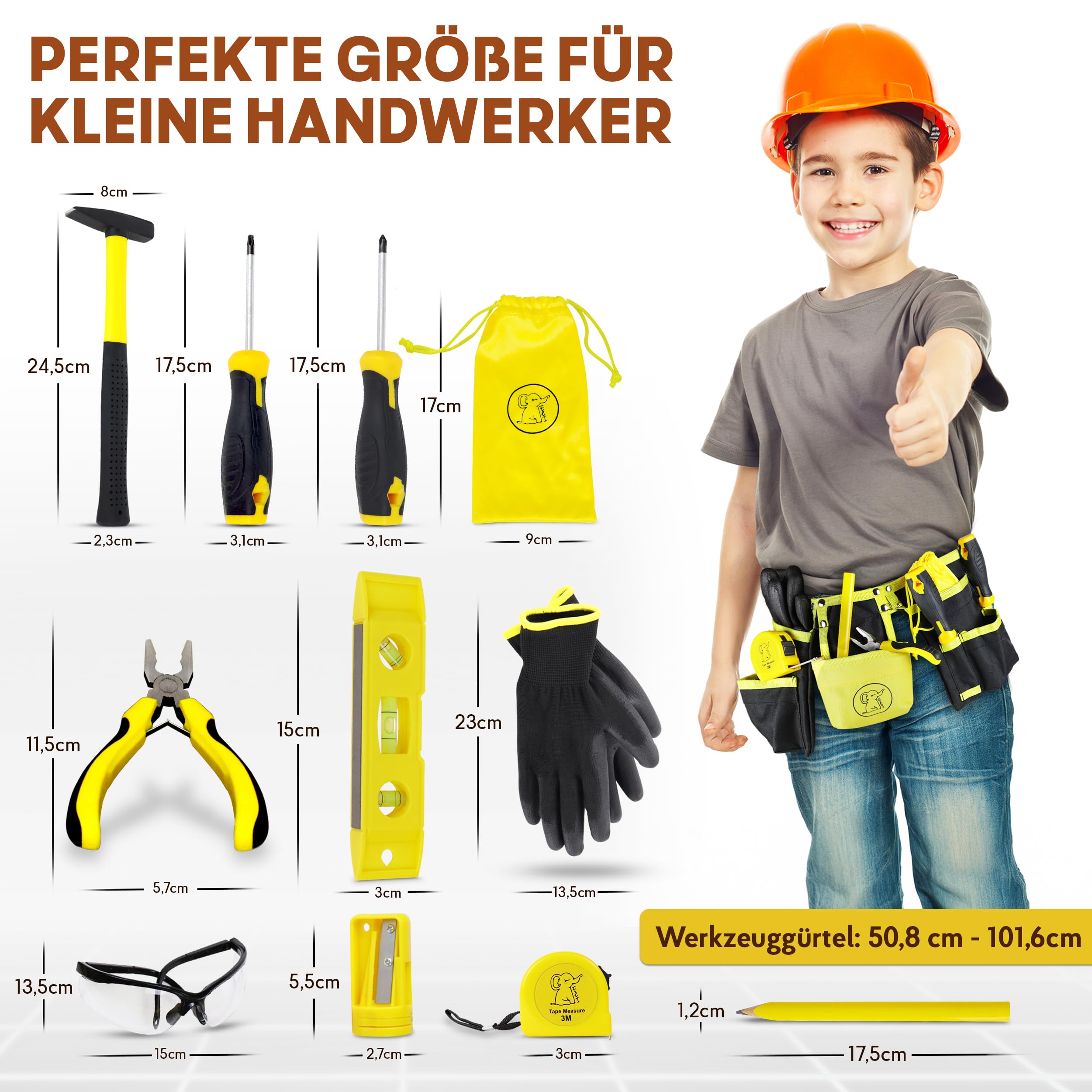 Eli® Werkzeuggürtel Kinder Set ab 6 Jahre - hochwertiges echtes Kinderwerkzeug - inkl. Hammer und Schutzbrille - Handschuhe - Multitool - Werkzeug für Baumeister - Bauarbeiter