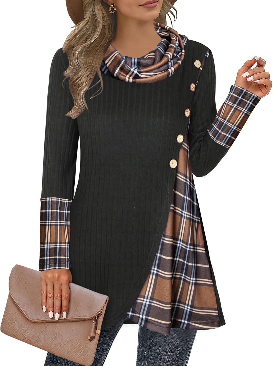 Miusey Women's Cowl Neck Pullover Sweaters Lightweight Long Sleeve Tunic Sweatshirts Asymmetric Hem Knit Sweater