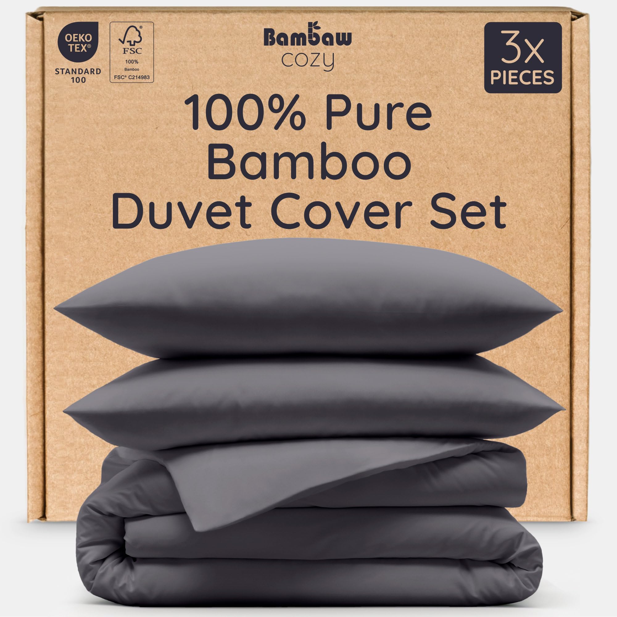 Bambaw Bamboo Duvet Cover King Size Set, 3-Piece Cooling Duvet Cover Set (240 x 220 cm) with 2 Bamboo Pillow Cases Pack of 2 (50 x 75 cm), Perfect for Hot Sleepers & Reducing Night Sweats (Charcoal)