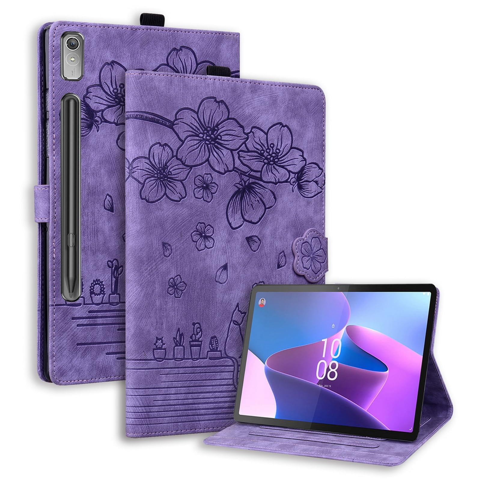 DWaybox Tablet Case for Lenovo Tab P12 TB370FU 12.7 inch 2023, Shockproof Embossed Folding Stand Protective Shell for Lenovo Tab P12 Cover with Card Holder -Purple