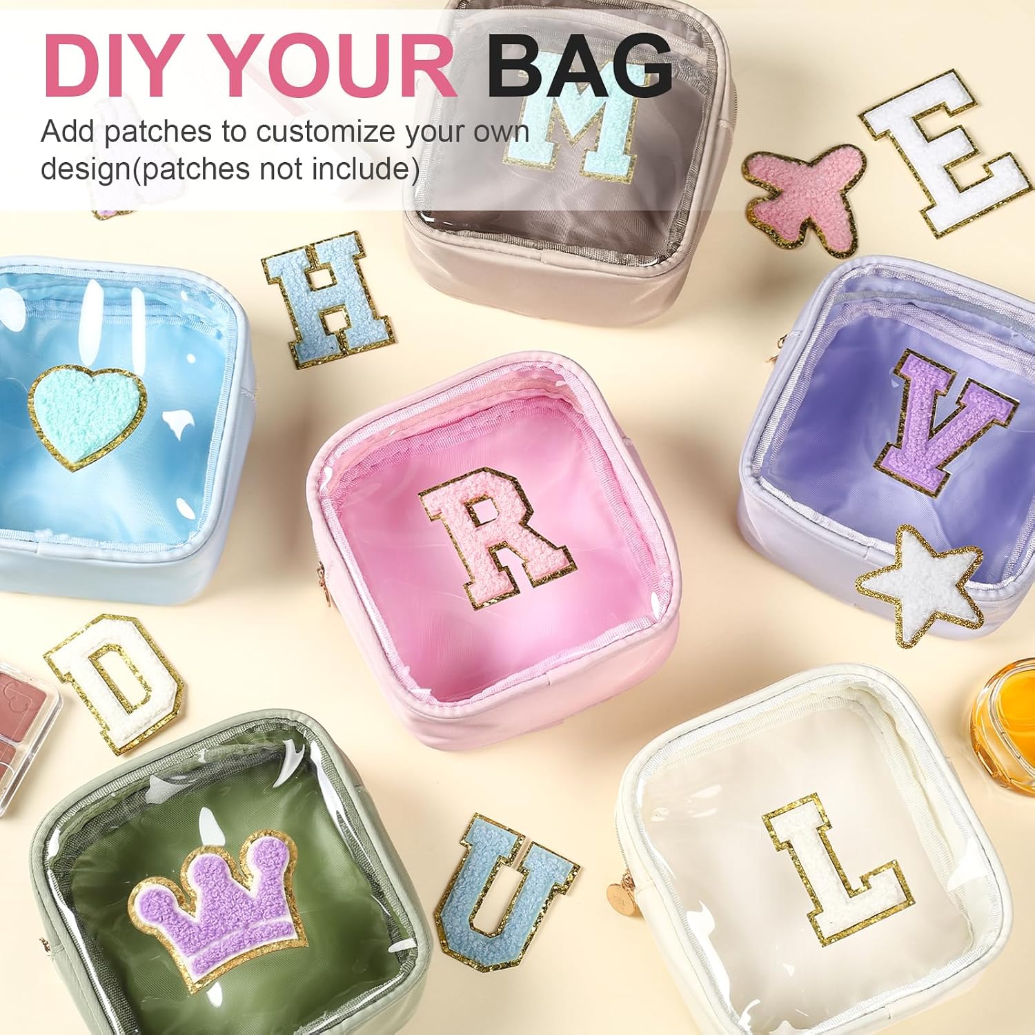 Kacctyen 6 Pcs Clear Mini Makeup Bags Nylon Square Pouch with Zipper Small Cosmetic Bag for Purse Transparent Preppy Bags Travel Toiletry Essentials Storage for Women Girls DIY Chenille Letter