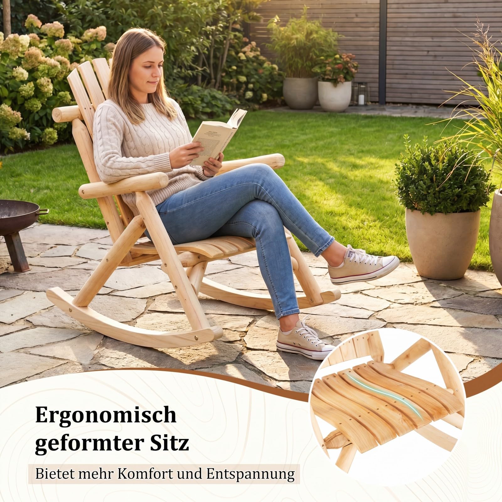 COSTWAY Schaukelstuhl, Schaukelsessel aus Massivholz, Relaxstuhl mit hoher Rückenlehne und Lattenrost Sitz, Schwingsessel, Gartenstuhl für Garten, Terrasse, Balkon, Natur