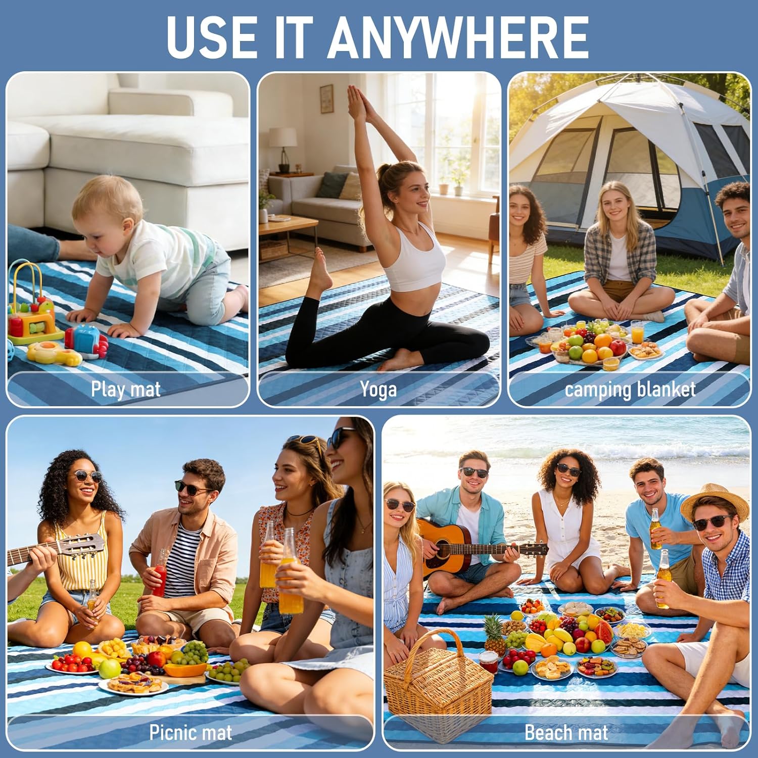 Beach Blanket Waterproof Sandproof, 80''x80''Extra Large Thick 5-Layer Big Outdoor Picnic Camping Blanket Easily Foldable Picnic Mat for Grass, Hiking, Travel, Concerts, Indoor