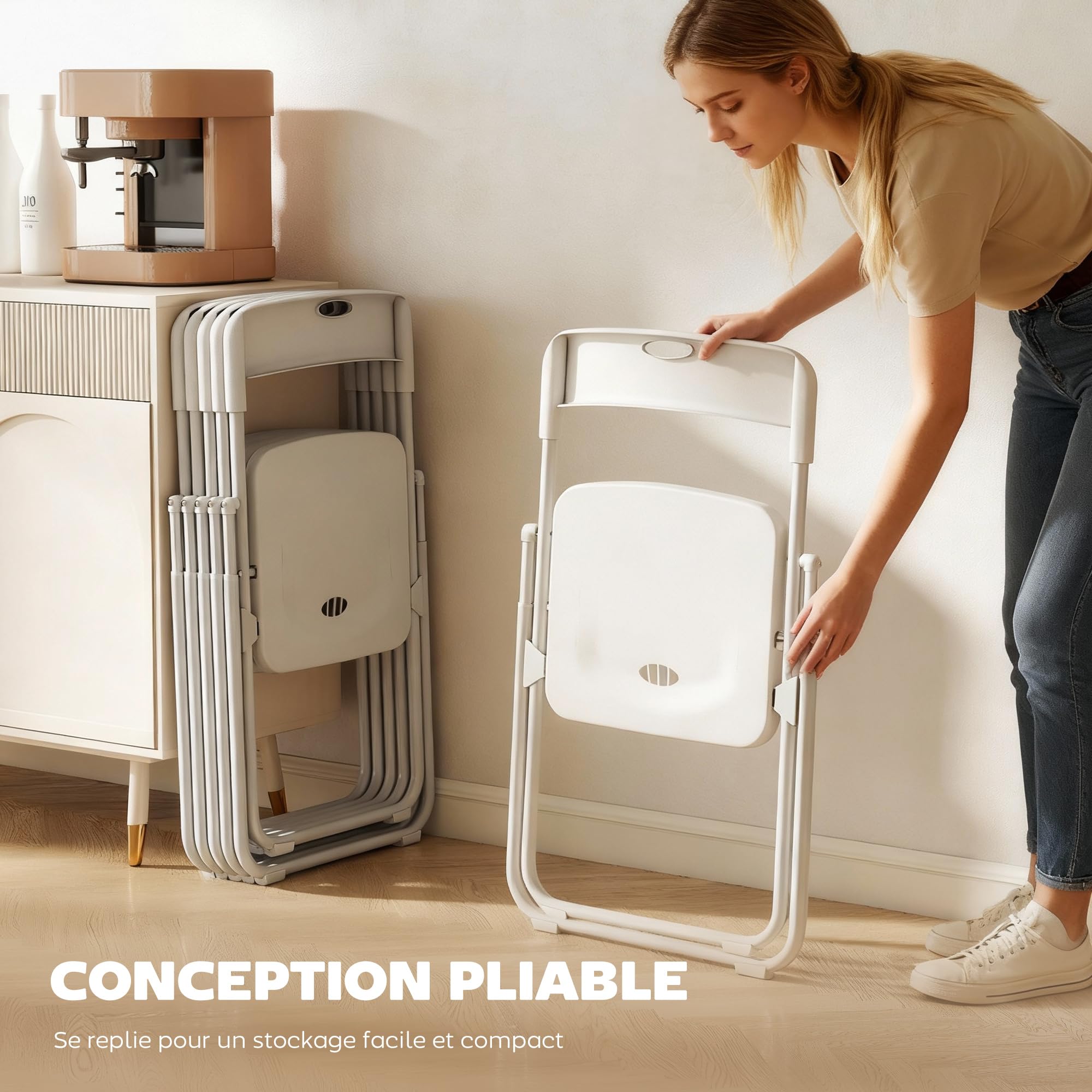 HOMCOM Lot de 6 chaises pliantes en plastique et acier, chaises pliantes intérieures portables, dossier incurvé, assise concave, aération, trou de transport, pour maison, bureau, salle à manger, blanc