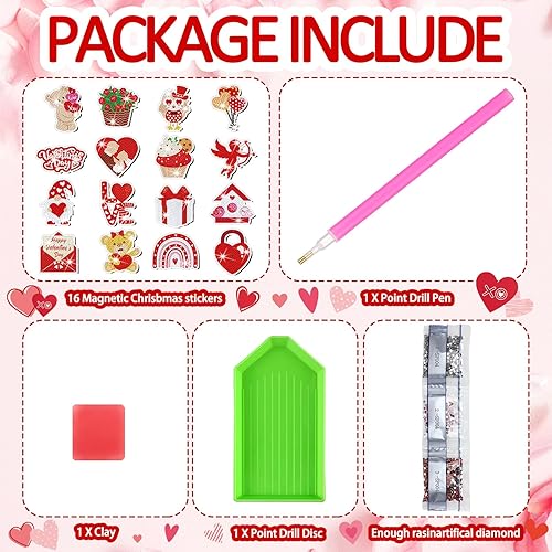 Miniatura 4 de Umigy 16 imanes de pintura de diamantes para el día de San Valentín para refrigerador, corazón, amor, gnomo, arte de diamante, bricolaje, rojo, día