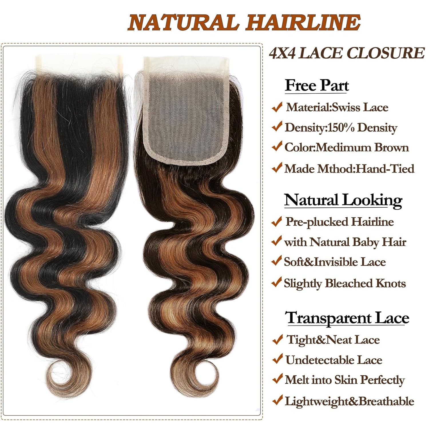 P1B/30 Black Brown Highlight Human Hair Bundles with Closure Body Wave 3 Ombre Bundles with 4x4 Lace Closure (12 14 16+12 Inch)-10A Raw Brazilian Quick Weave Human Hair Extension