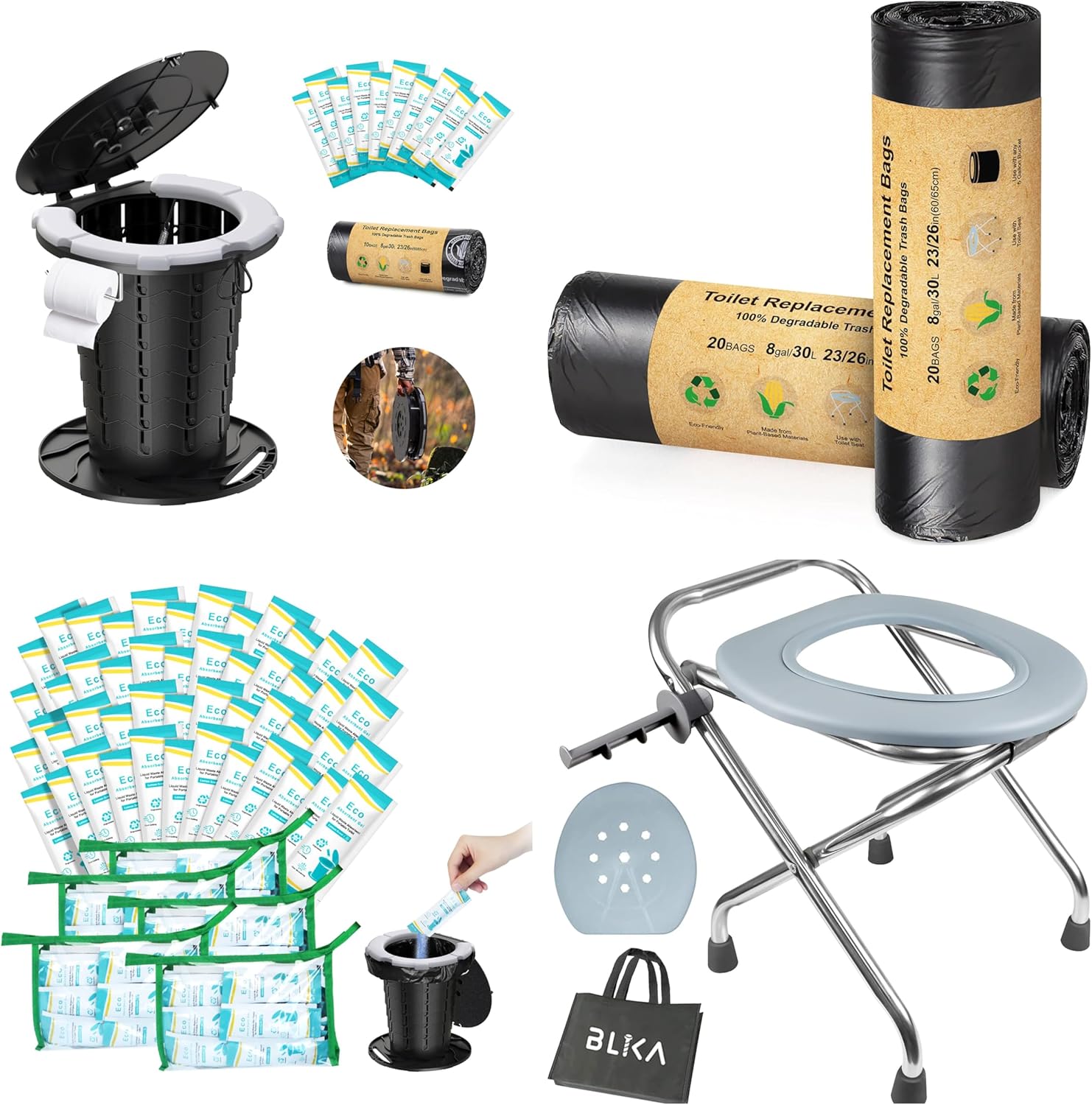 BLIKA Upgraded Retractable Portable Toilet with Soft Cushioned Seat, 350LBS Foldable Camp Toilet for Adults & Kids, Compact Travel Toilet for Camping, Hiking, RV Travel, Road Trips