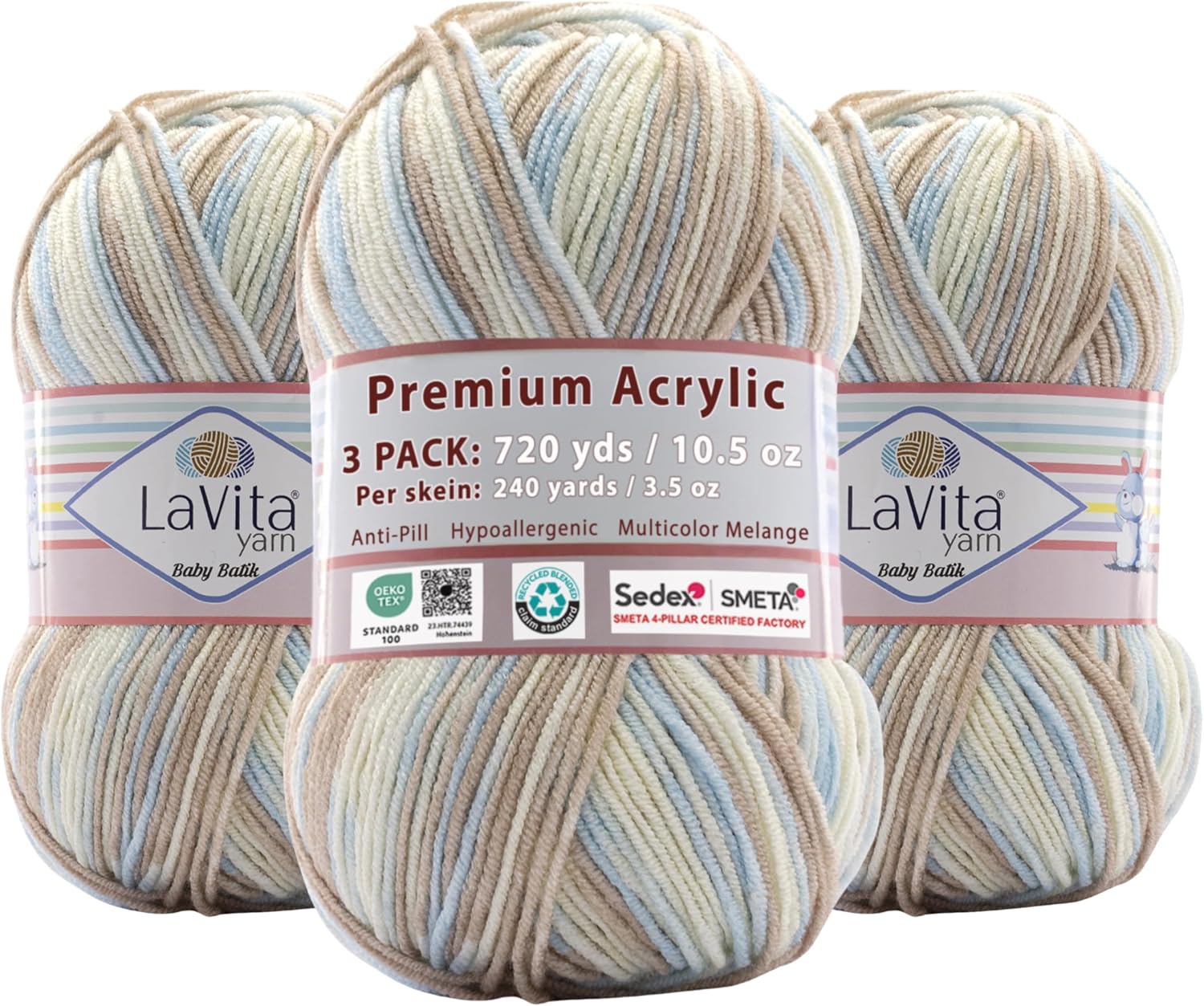 LaVita Baby Batik Premium Anti-Pill Acrylic Yarn - 3 Skeins Pack - 720 Yards, 3 x 100 gr - Super Soft Melange, Hypoallergenic, Multicolor for Knitting and Crocheting Baby Outfits and Accessories