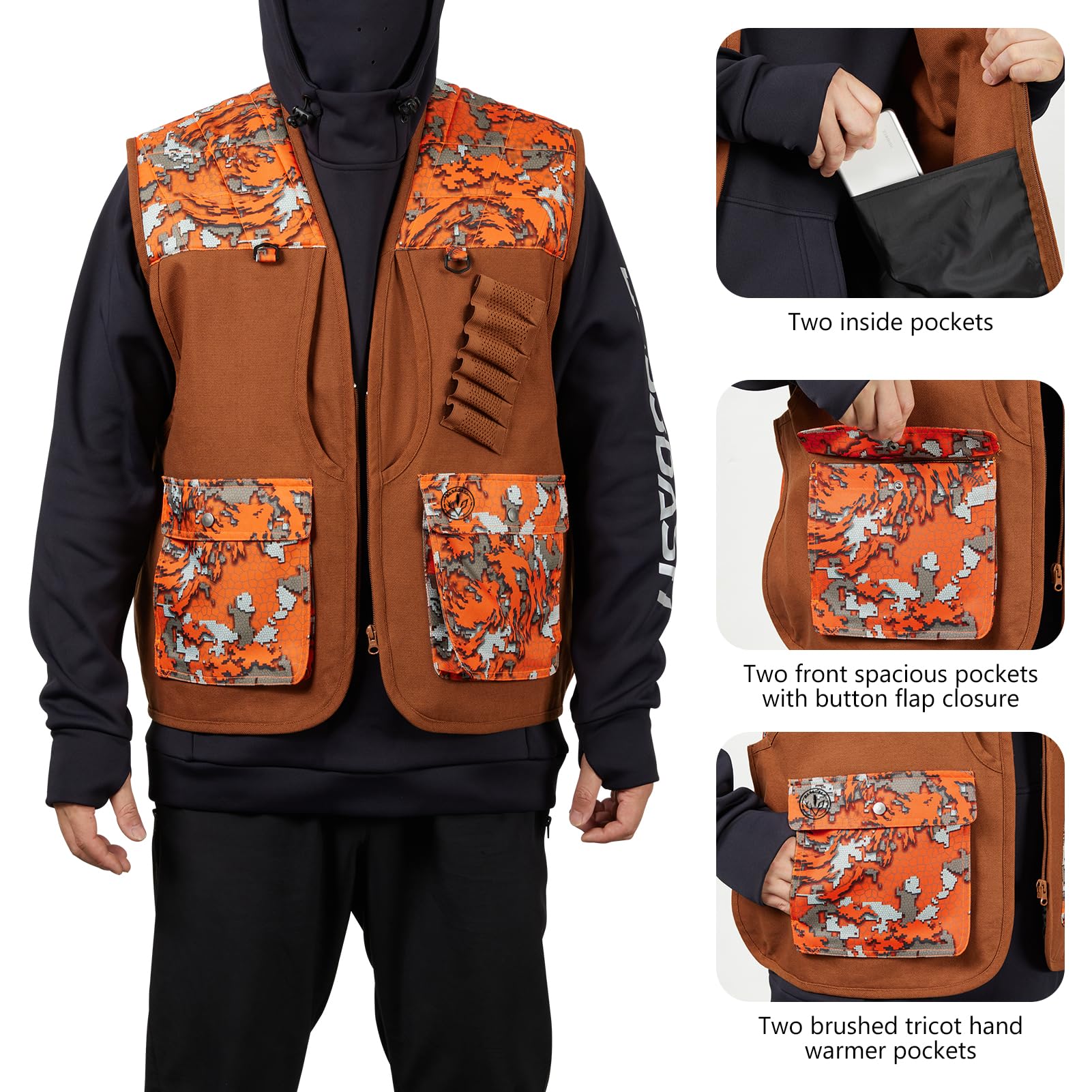 BASSDASH Upland FV11 - Gilet da caccia per uccelli, impermeabile, con tasche multiple, marrone/arancione, da uomo e donna