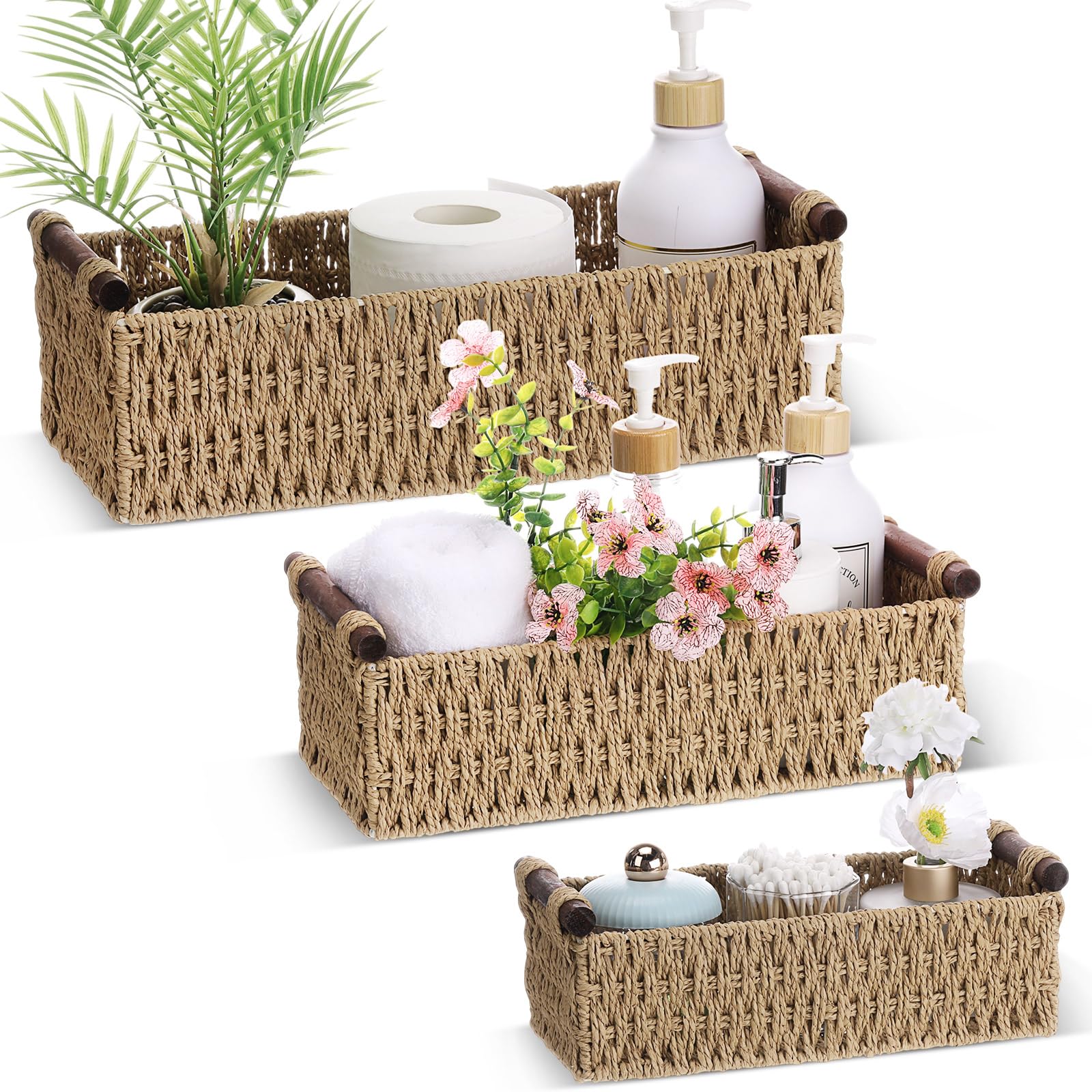Photo 1 of Boao 3 Pcs Boho Storage Wicker Baskets Handmade Woven Decorative Paper Rope Baskets for Organizing with Handle Countertop Toilet Paper Storage Container for Toilet Tank Top(Camel,Rectangle)