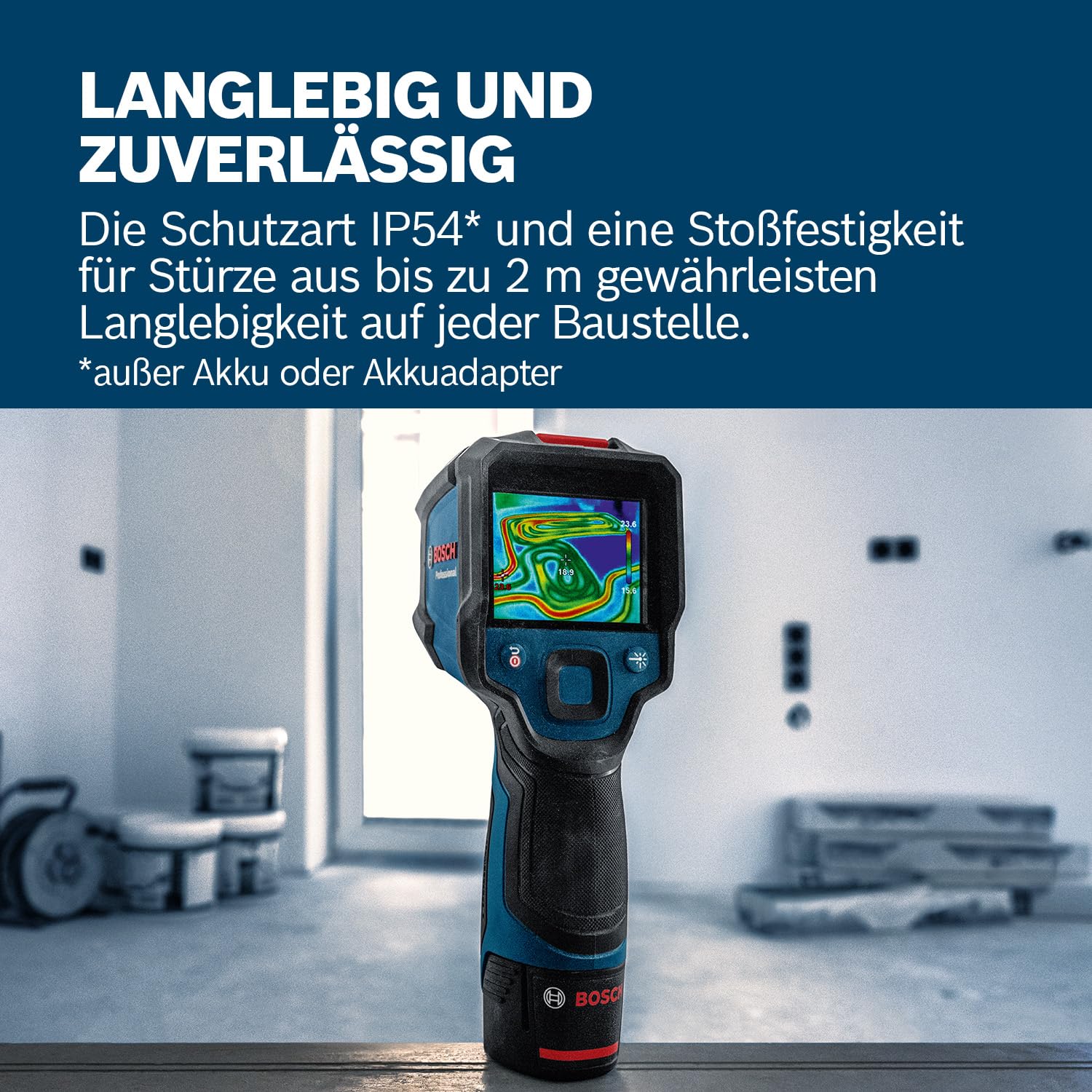 Bosch Professional Wärmebildkamera GTC 12V-450-13 (256x192 px Auflösung, -20°C bis +450 °C, Dual-Stromquelle, AA1 Batterieadapter, 4x 1,5 V LR6 AA, Tasche, USB-C Kabel, Faltbox)