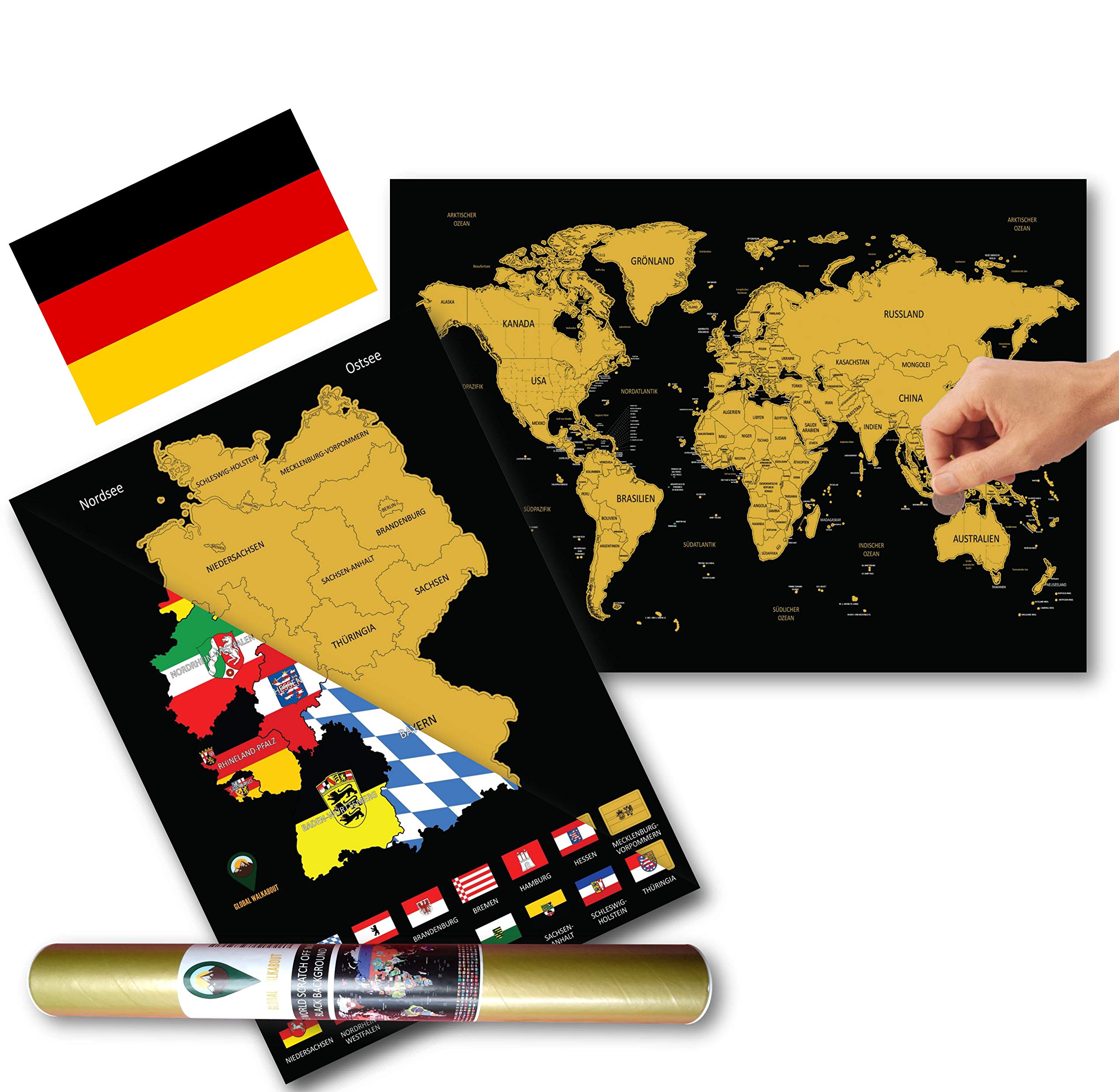Global Walkabout DEUTSCH - Kratzerkarte mit Flaggenhintergrund - Deluxe A3 WeltKratzerkarte Poster Länder und Fakten mit A3 Deutschland Kratzerkarte - Reisegeschenk