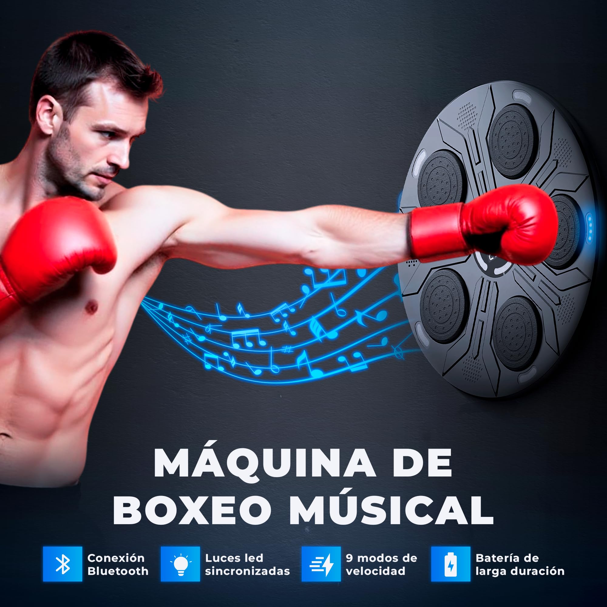 JUPPLIES Maquina de Boxeo Musical para Pared – Kit Boxing con Guantes, Diana Electrónica, Luces LED, Musica Bluetooth y 9 Modos Ajustables para Entrenamiento en Casa