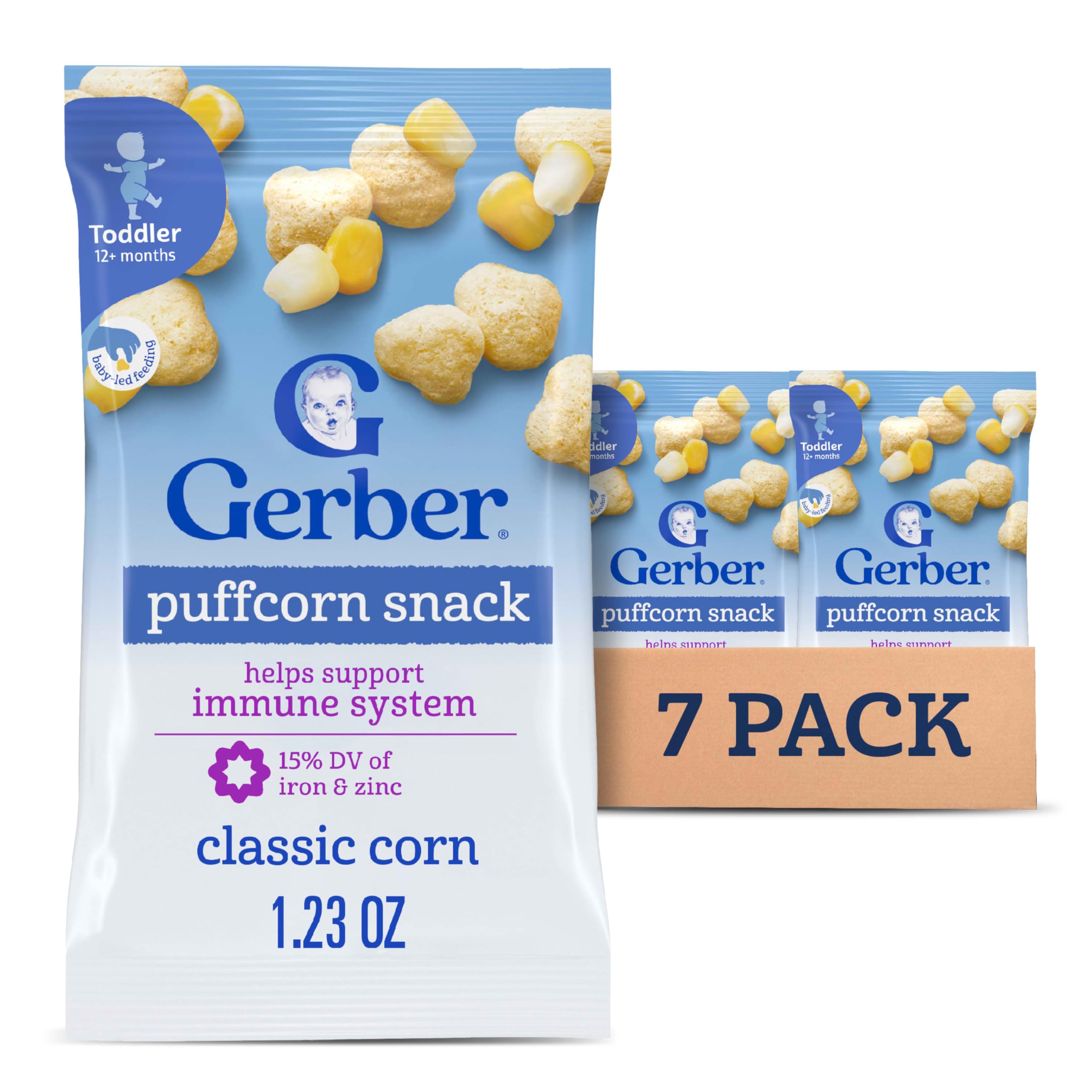 Gerber Toddler Snacks, Snacks for Kids, Kernel Free, Heart Shaped Puffcorn Snack, Classic Corn Flavor, Zinc and Iron Helps Support Immune System, 7-Pack