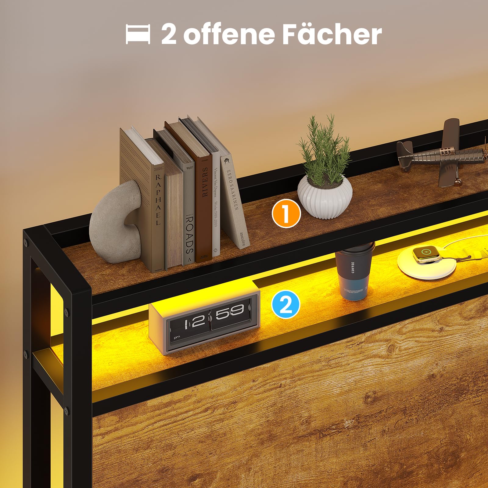 Brinlawb Bett 140x200 mit Lattenrost aus Metall Doppelbett mit LED Beleuchtung und Ladestation (2 AC-Steckdosen 2 USB-Anschlüsse) Bettrahmen, Bettgestell 140x200cm mit Holzkopfteil und Stauraum, Braun
