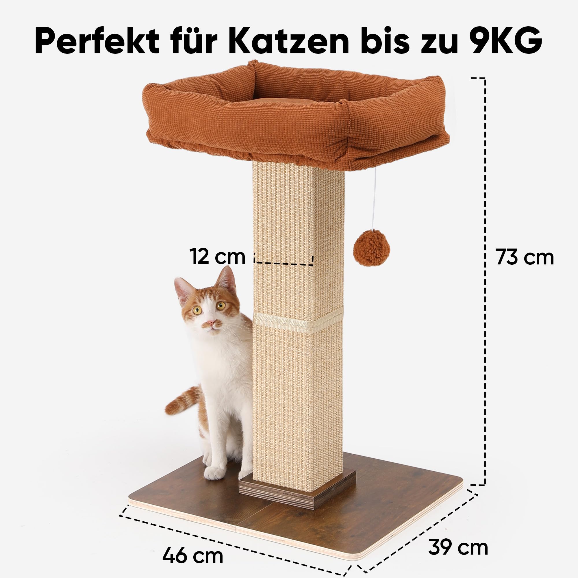 FUKUMARU Kratzbaum, 73 cm hocher Katzenbaum mit 46 x 36 cm Plattform, Retro-Stil hoher Kratzbaum mit Liegeplatz für Erwachsene Katzen, großer Kratzturm mit Bett, aus natürlichem Sisal & massivem Holz.