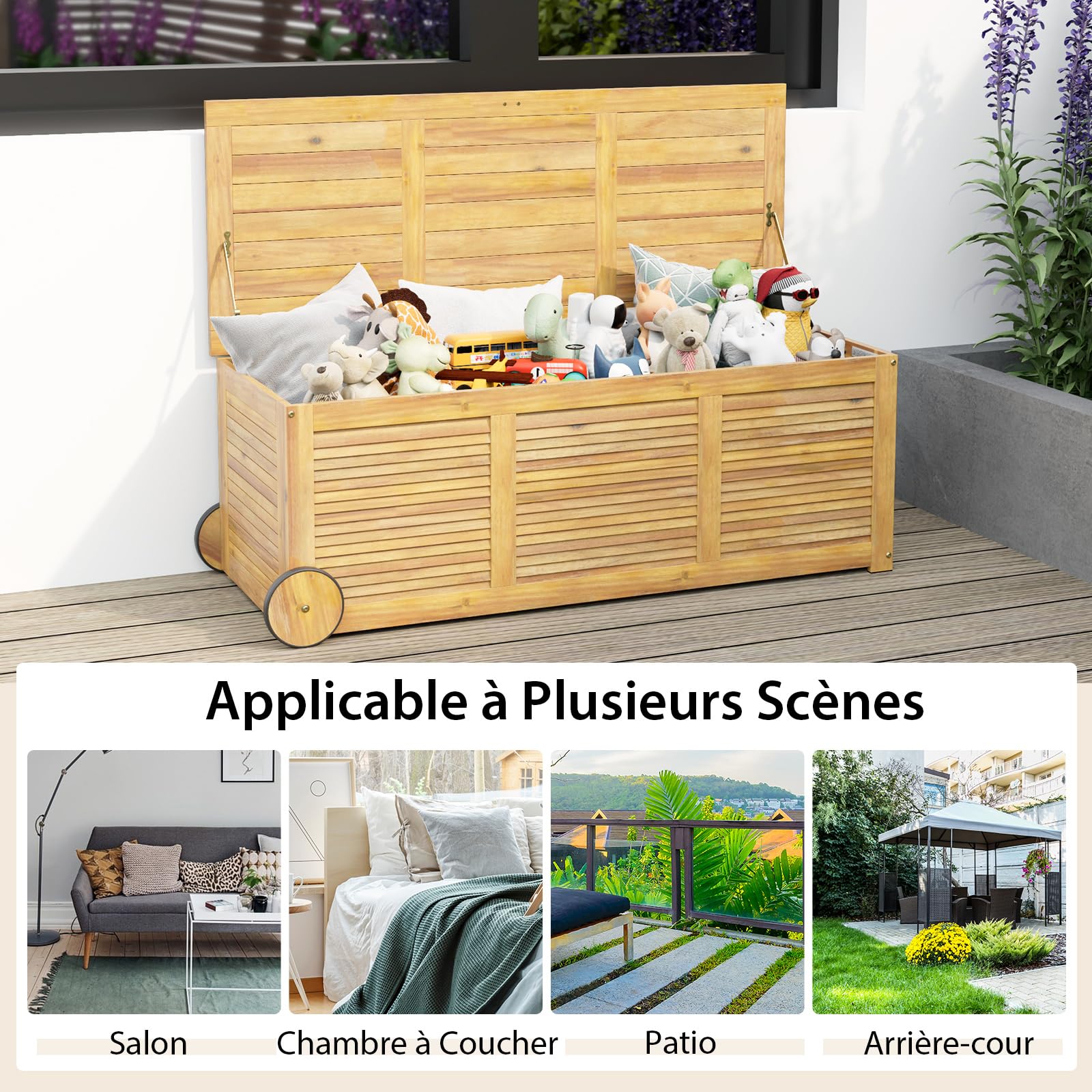 GOPLUS Coffre de Jardin Extérieur 182L Roulant en Bois d'Acacia à 2 Roues, Poignée Latérale, Housse Etanche, pour Coussins,Couvertures,Naturel