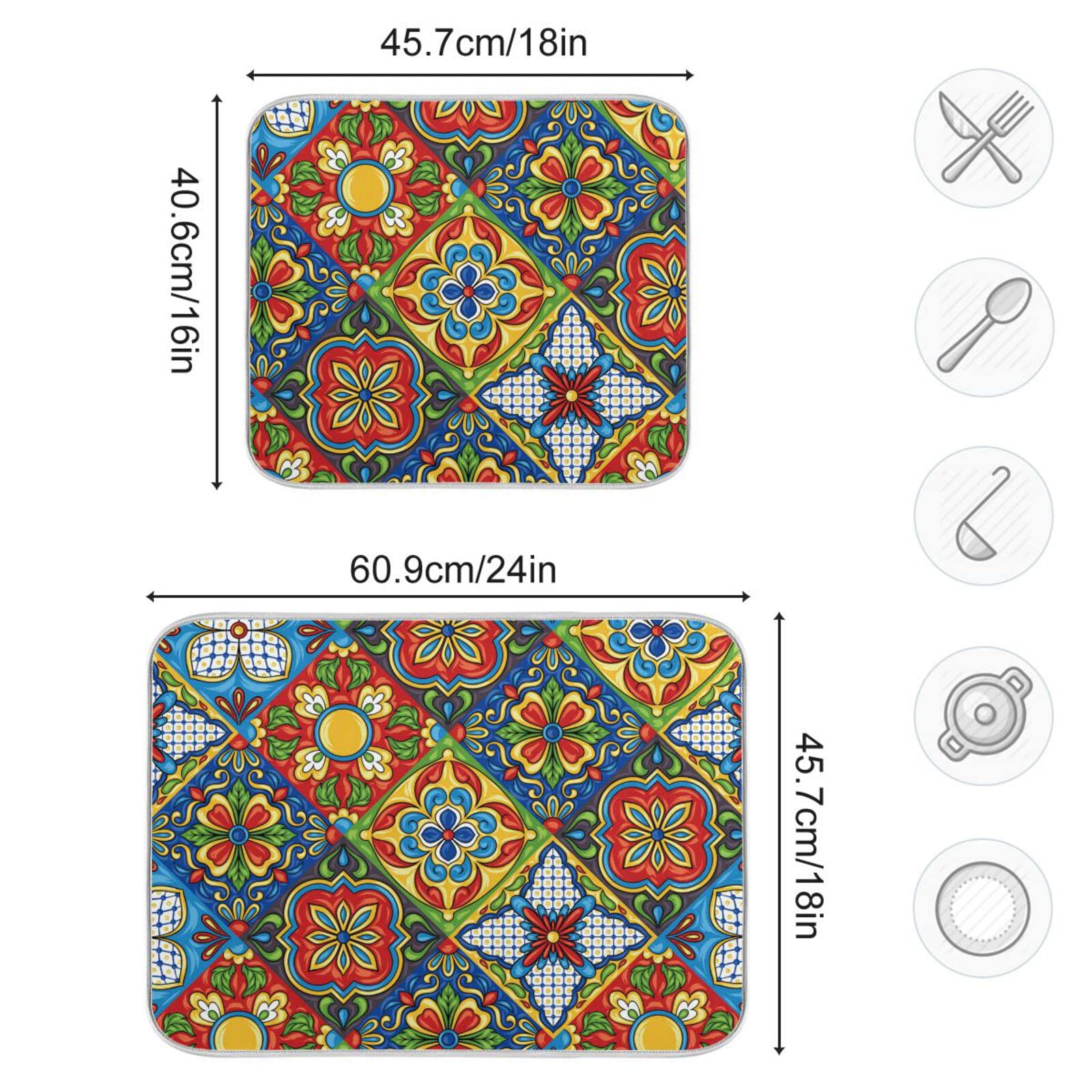 Mexican Talavera Tile Dish Drying Mat for Kitchen Counter, Microfiber Dish Drainer Mat for Kitchen Countertop 16 x 18 inch