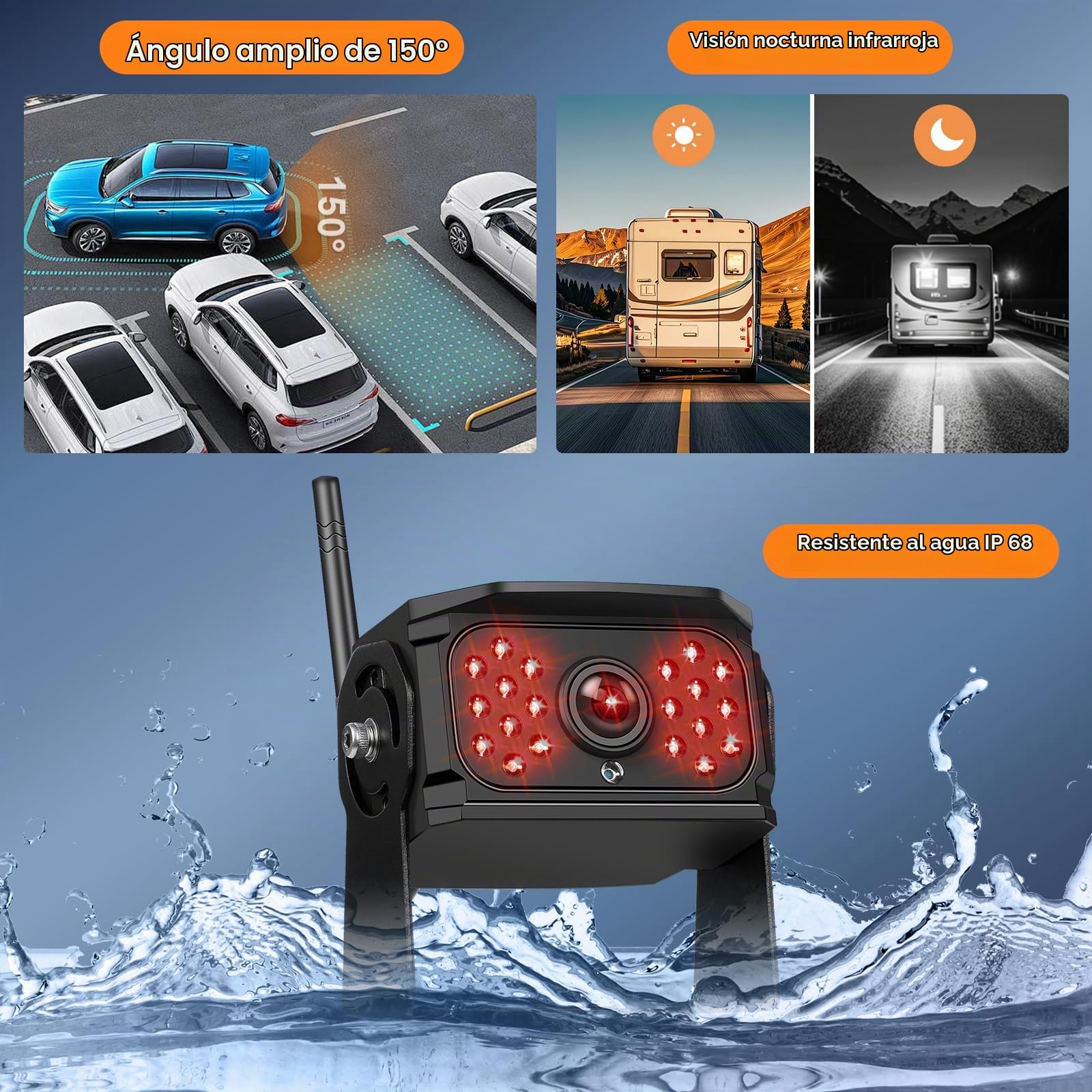 VECHTEL Camara Marcha Atras Inalámbrica 7 Pulgadas IPS HD Monitor Kit, Cámara Trasera mit BSD Impermeabilidad IP68 Visión Nocturna Súper Gran Angular para 12V-36V Camión Camper RV Furgonetas