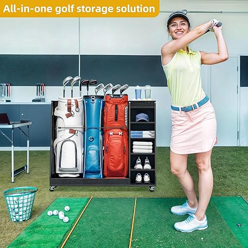 Miniatura 7 de DWVO Organizador de bolsas de golf para garaje, soporte de madera para bolsas de golf con ruedas, organizador de almacenamiento de golf para bolsas