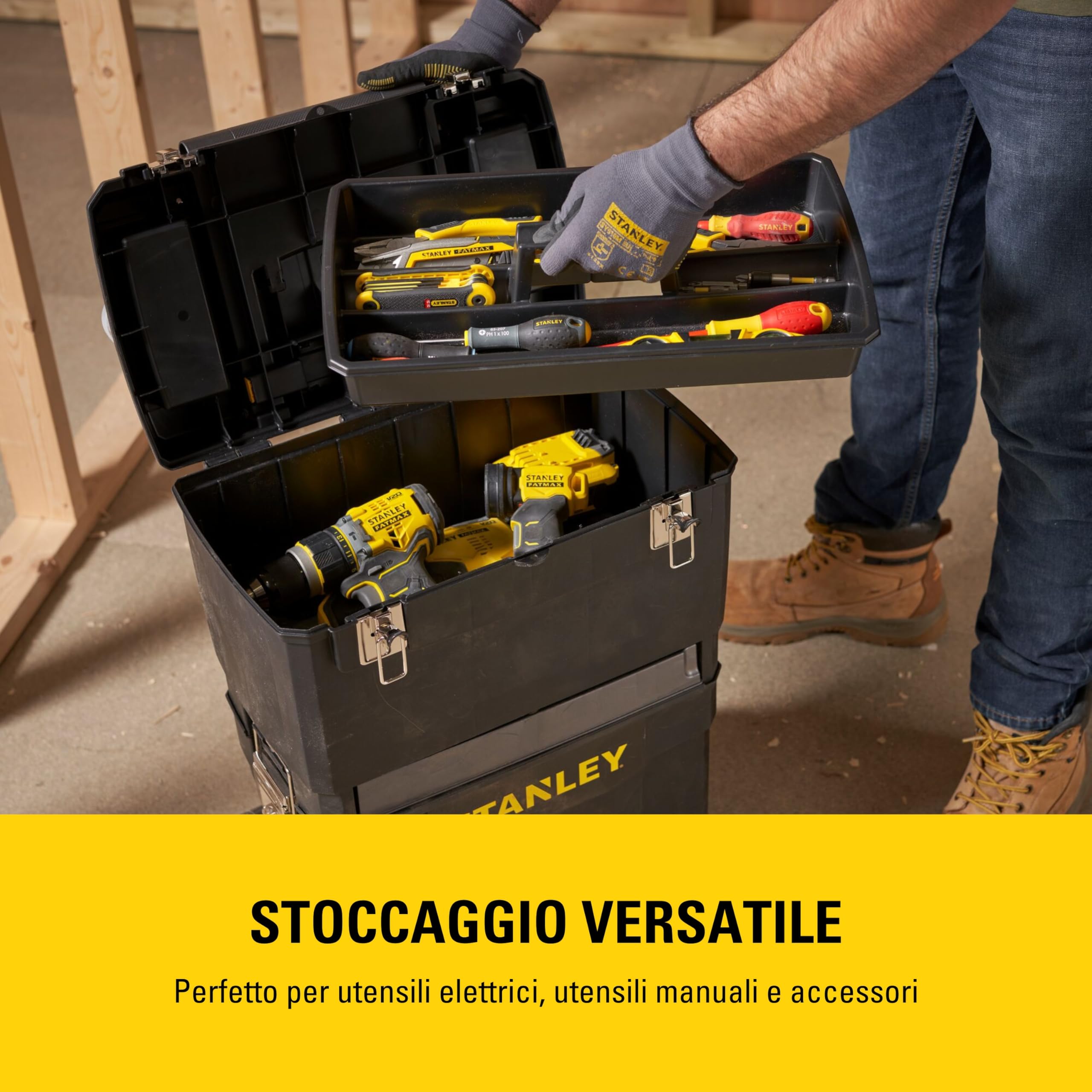 Centro di lavoro mobile STANLEY, officina mobile 2 in 1 con unità impilabili e cassetta degli attrezzi rimovibile, 1-93-968